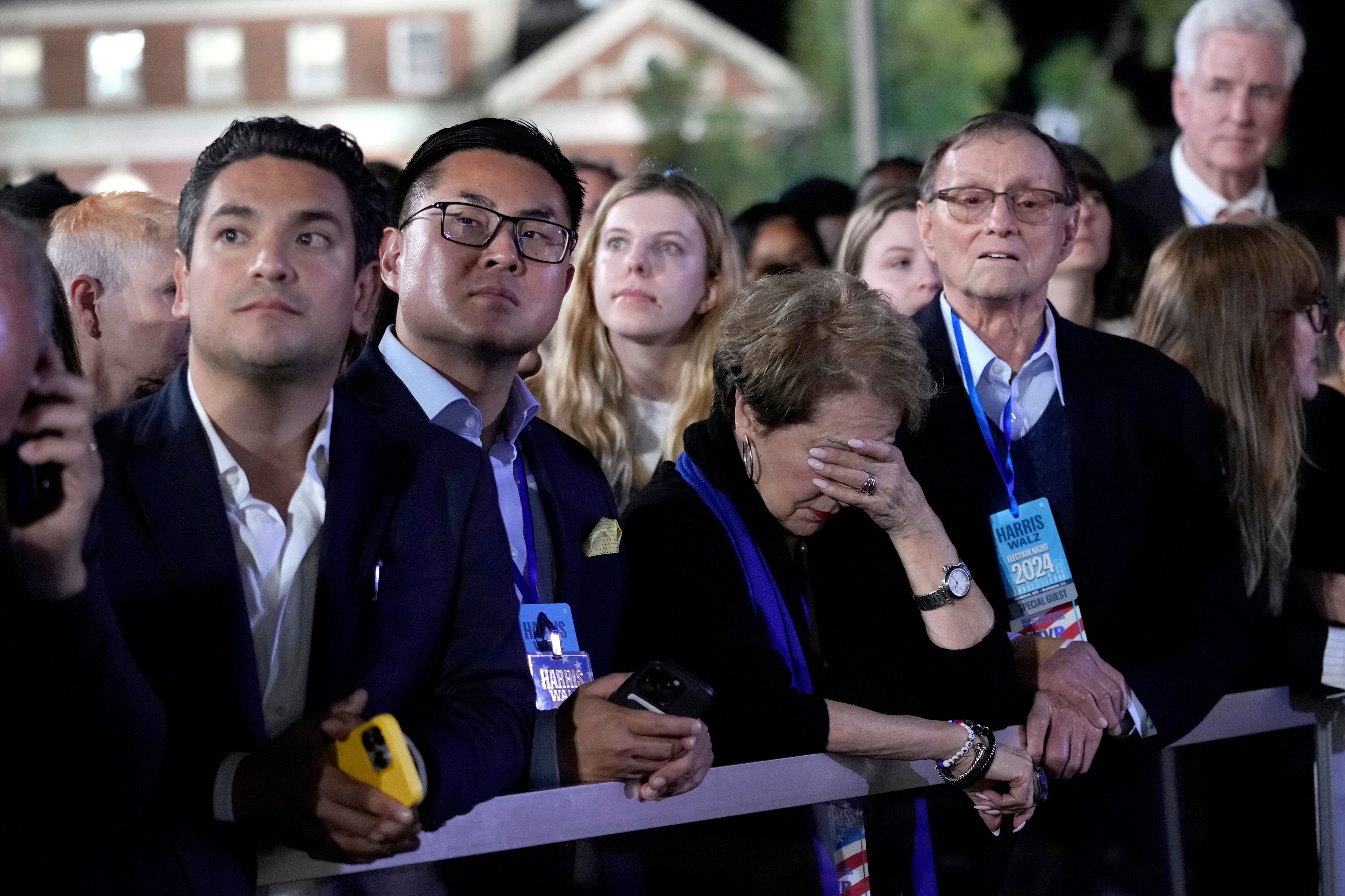 Supporters watch as results come in at an election night campaign watch party for Democratic presidential nominee Vice President Kamala Harris, Tuesday, Nov. 5, 2024, on the campus of Howard University in Washington. (AP Photo/Susan Walsh)