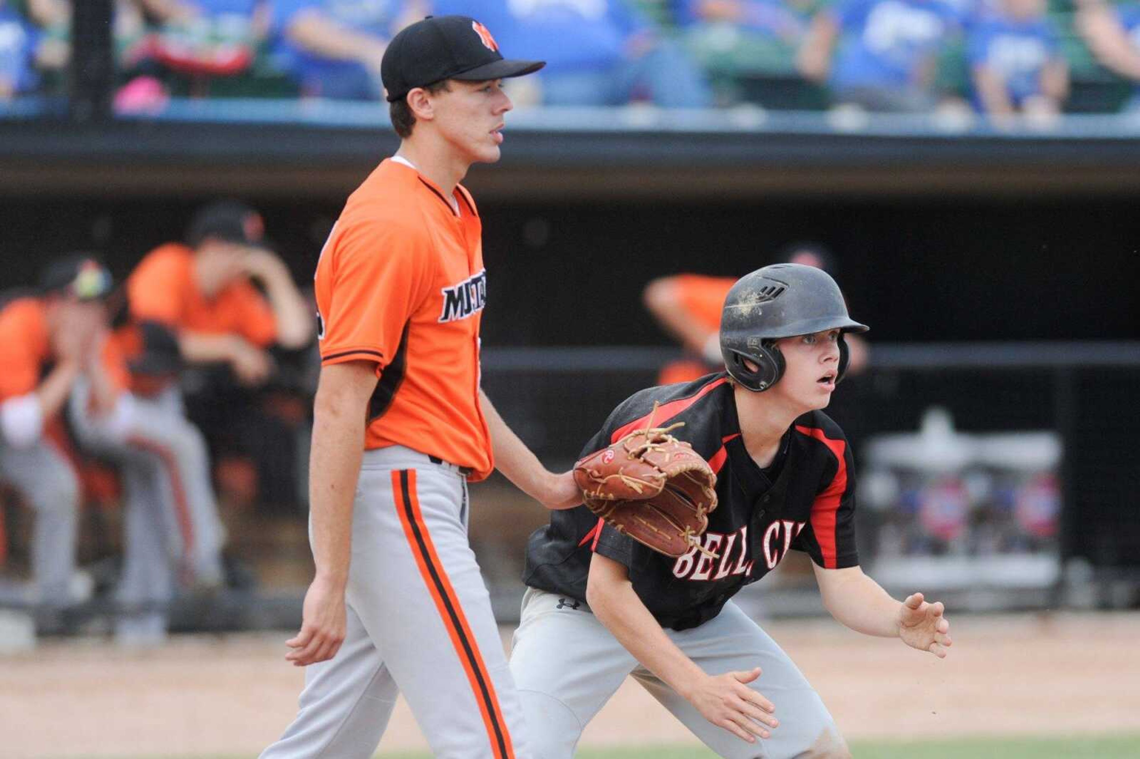 Bell City's Brandon Abner looks to the umpire to confirm their 11-1 win by run-rule against Northwest after sliding home in a Class 1 semifinal Tuesday, June 2, 2015 in O Fallon, Missouri. (Glenn Landberg)