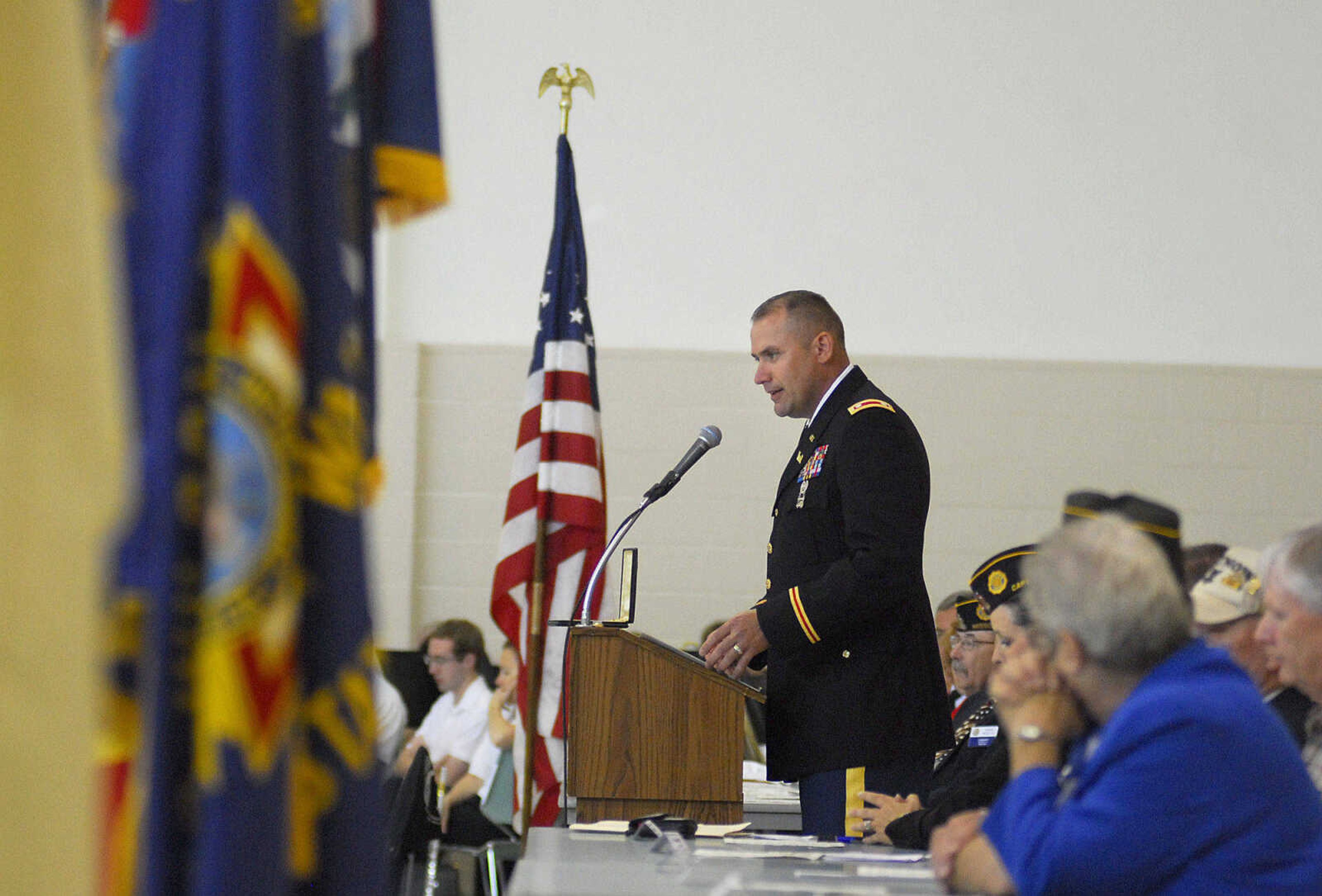 LAURA SIMON~lsimon@semissourian.com
Lt. Col Andrew Rogers speaks to a crowd of around 400 Monday, May 31, 2010 during the Memorial Day Program at the Osage Community Centre.