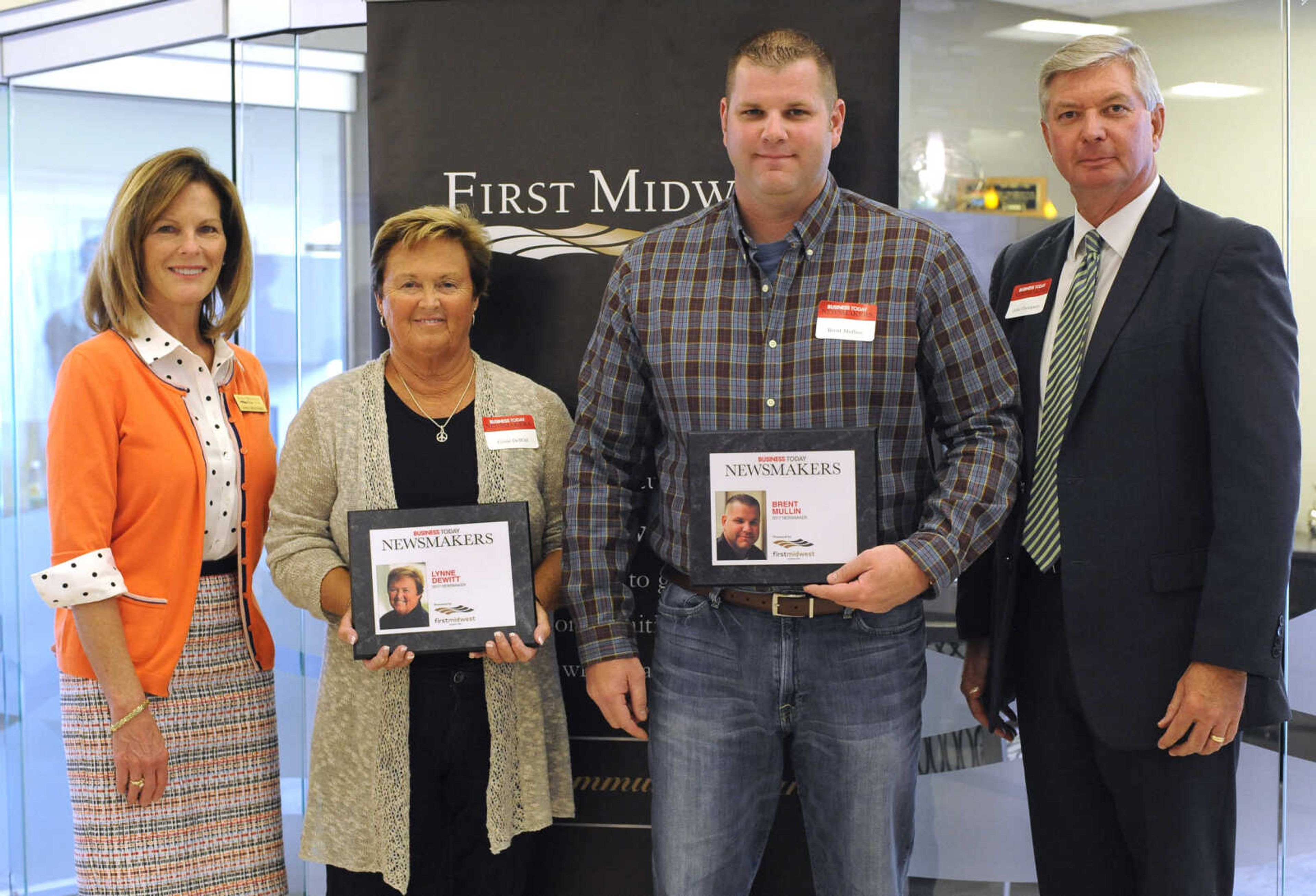 FRED LYNCH ~ flynch@semissourian.com
Lynne DeWitt and Brent Mullin pose for a photo with Kathy Bertrand, First Midwest Bank community bank president, Cape Girardeau, and John N. Thompson, First Midwest Bank community bank president, Jackson, Wednesday, Sept. 6, 2017 during the Business Today Newsmakers awards reception at First Midwest Bank in Cape Girardeau.