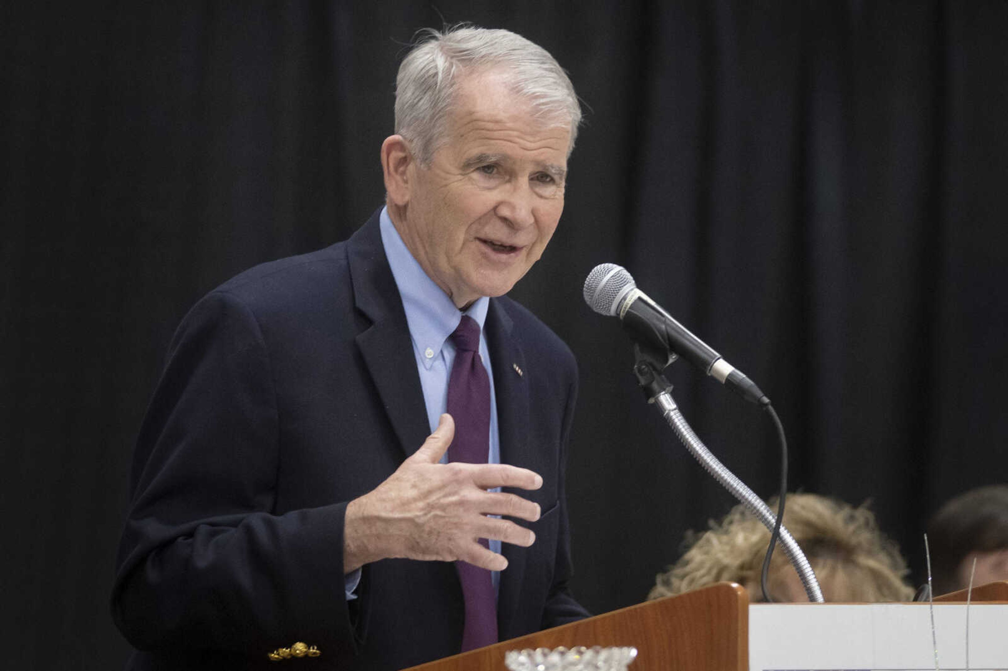 Oliver North speaks during the 50th annual Lincoln Day celebration Saturday at the Osage Centre in Cape Girardeau.