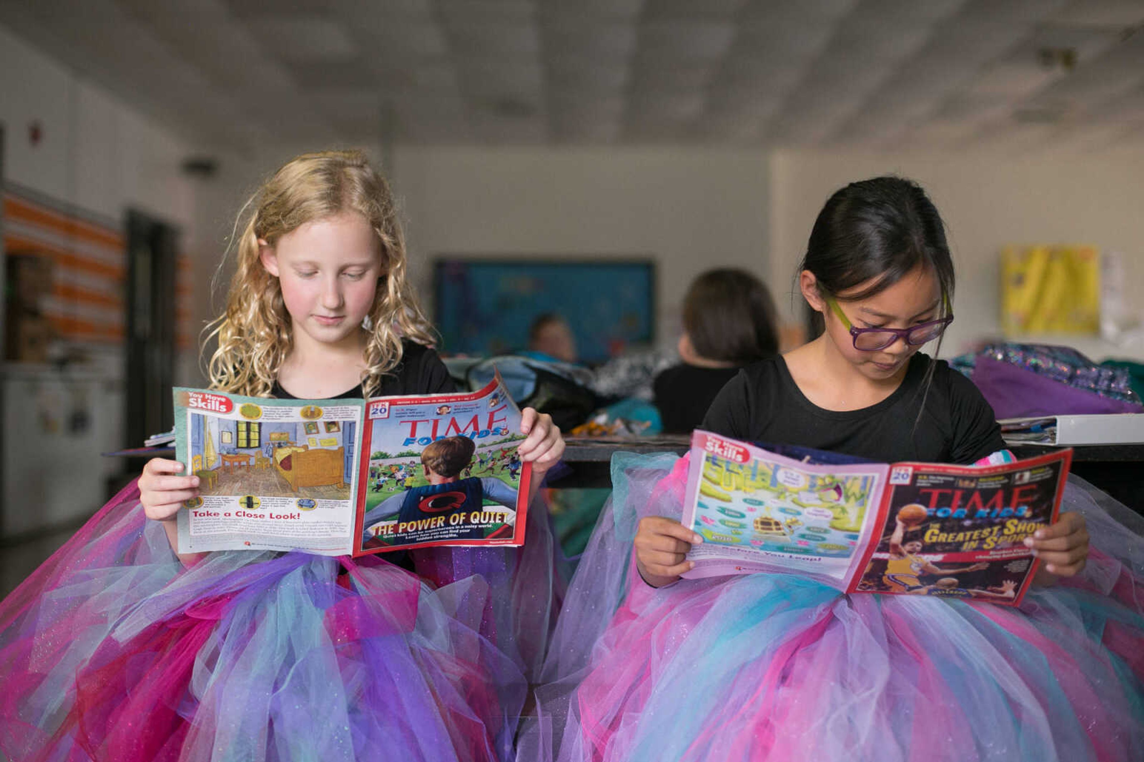 GLENN LANDBERG ~ glandberg@semissourian.com

Natalie Vosage, left, and Lydia Cho wait for their next scene during a dress rehearsal of "The Princess and the Pea" Tuesday, May 10, 2016 at Alma Schrader Elementary School in Cape Girardeau.