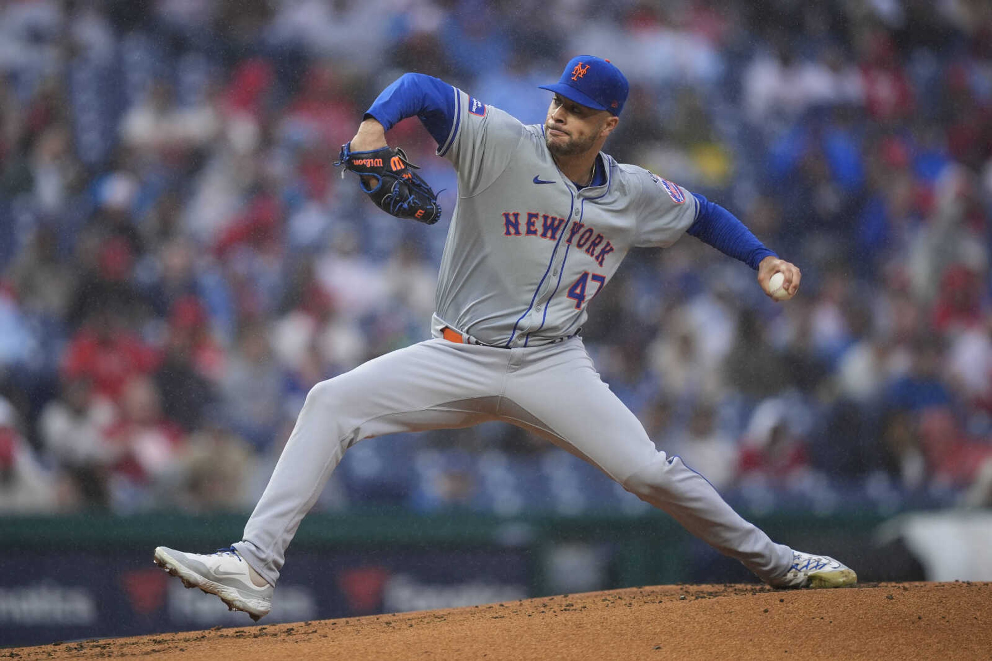 New York Mets' Joey Lucchesi plays during a baseball game, Wednesday, May 15, 2024, in Philadelphia.