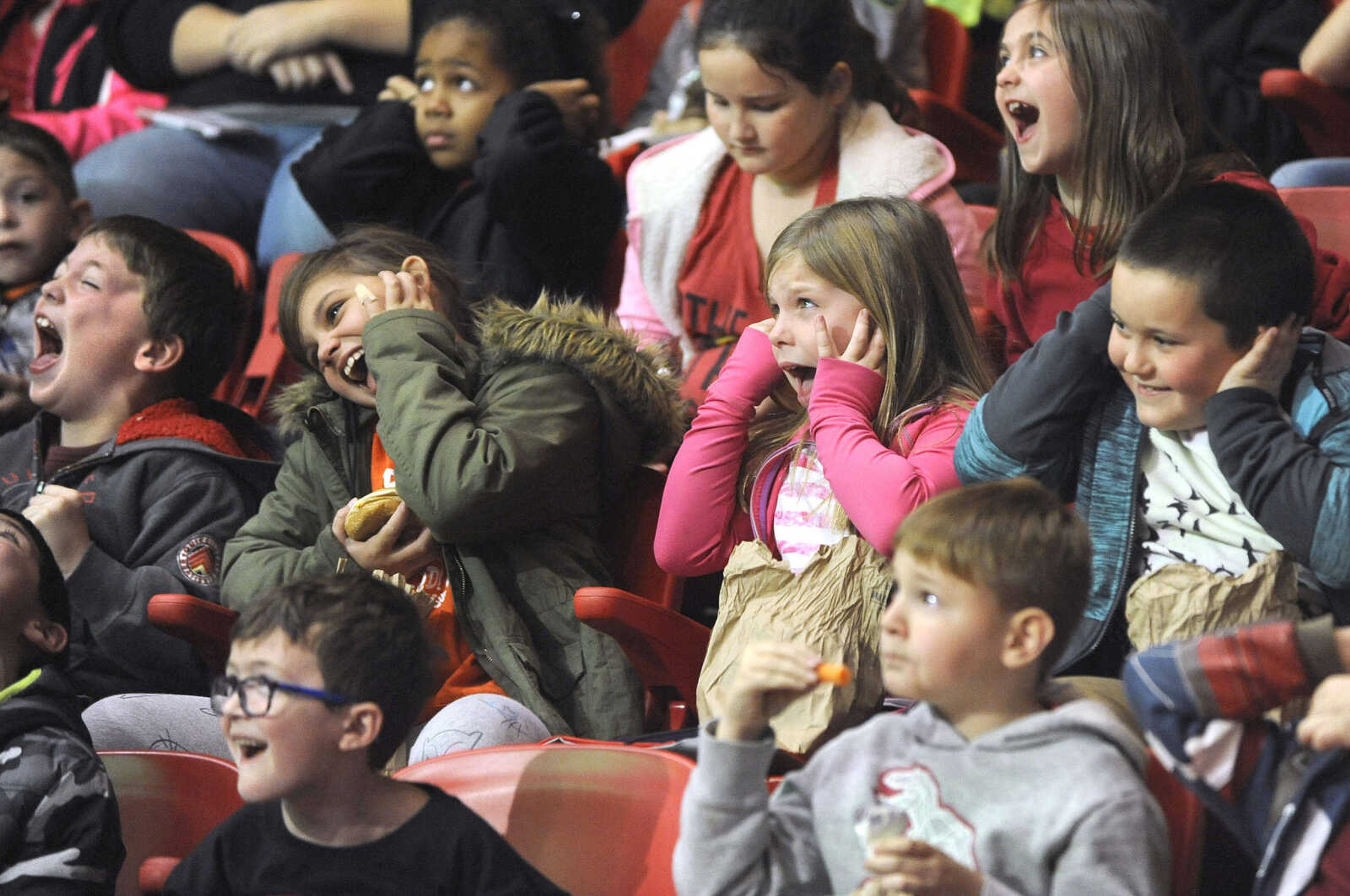 FRED LYNCH ~ flynch@semissourian.com
Schoolchildren "make some noise" in reaction to the video screen Tuesday, Nov. 14, 2017 as the Southeast Missouri State women's basketball team plays Missouri Valley in the annual Classroom on the Court promotion at the Show Me Center.