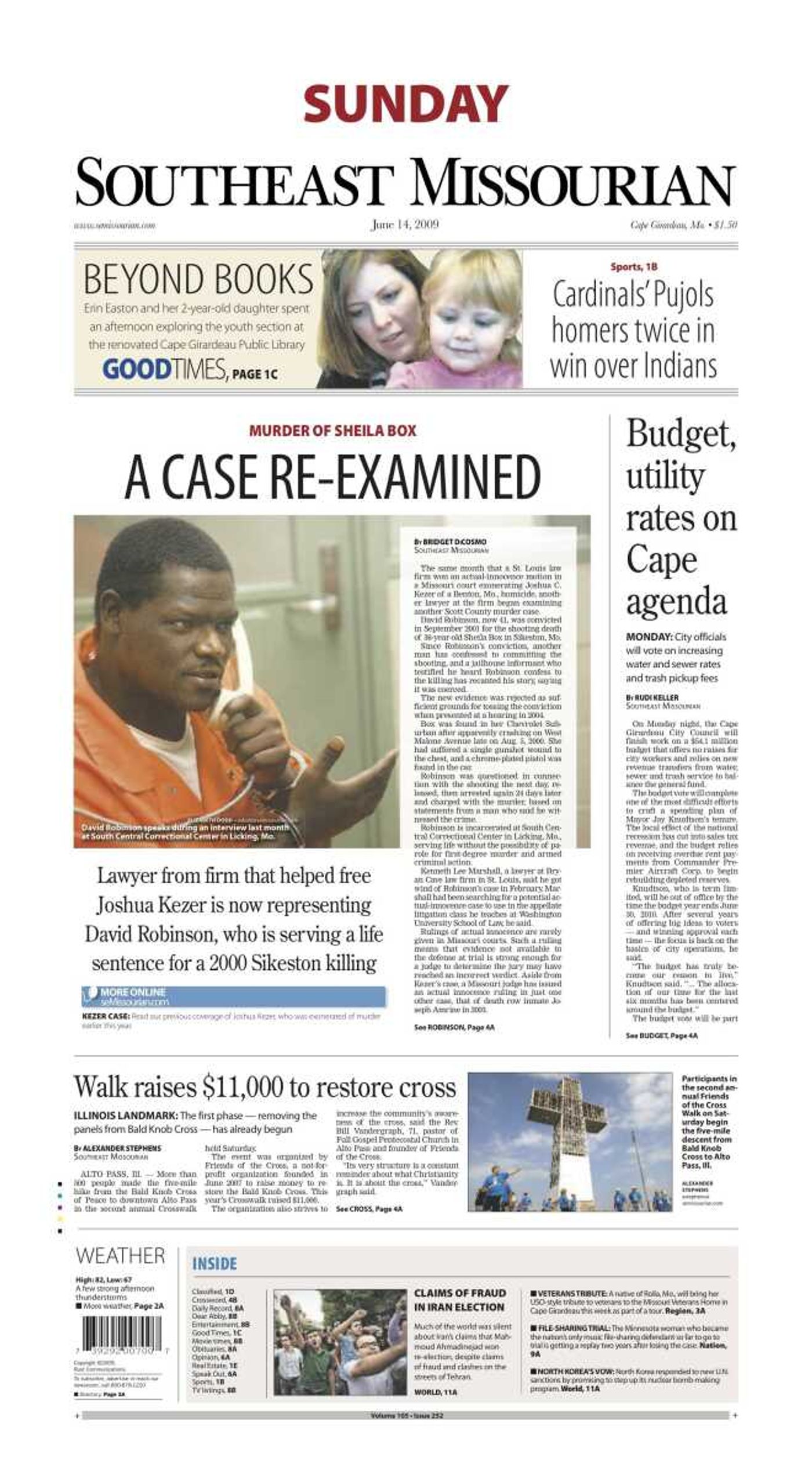 The front page of the Southeast Missourian on June 14, 2009, featured Bridget DiCosmo's article on David Robinson's conviction.