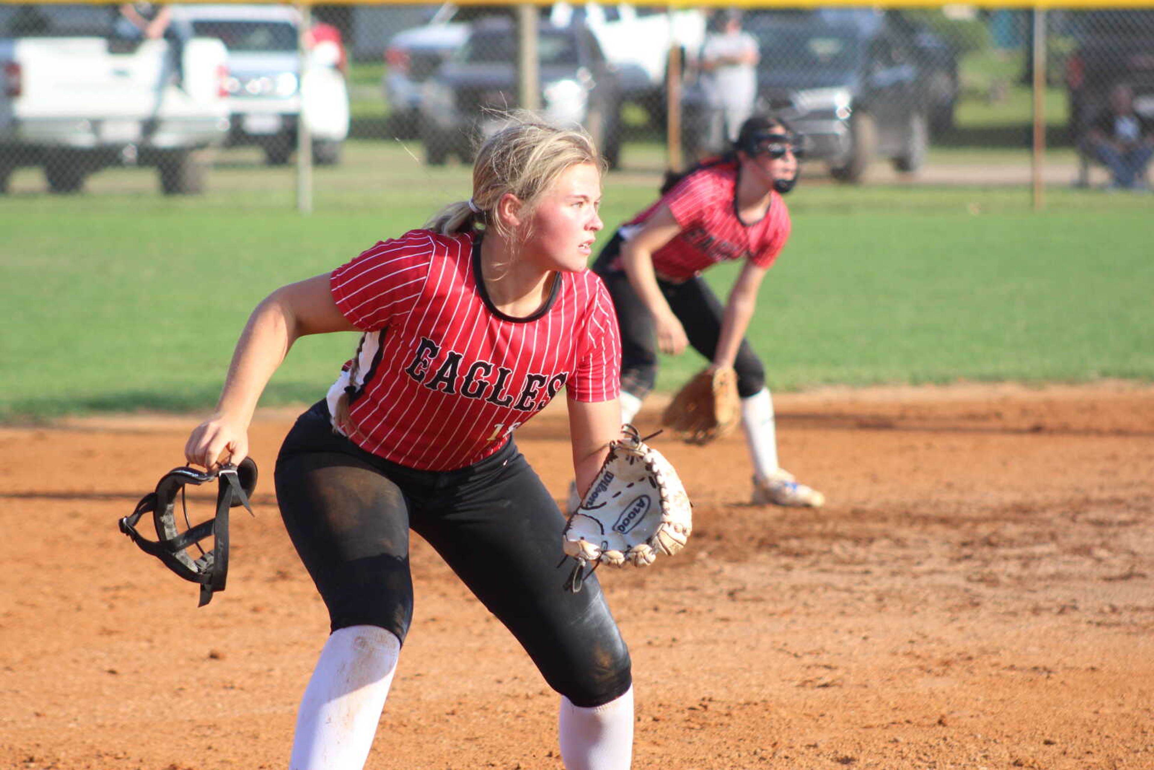 East Prairie High School Lady Eagles third baseman Chloe Jackson and shortstop Harper Marshall in action Tuesday against the Kennett Lady Indians at the 1=2024 MHSAA C2D1 Tournament championship game at Malden.