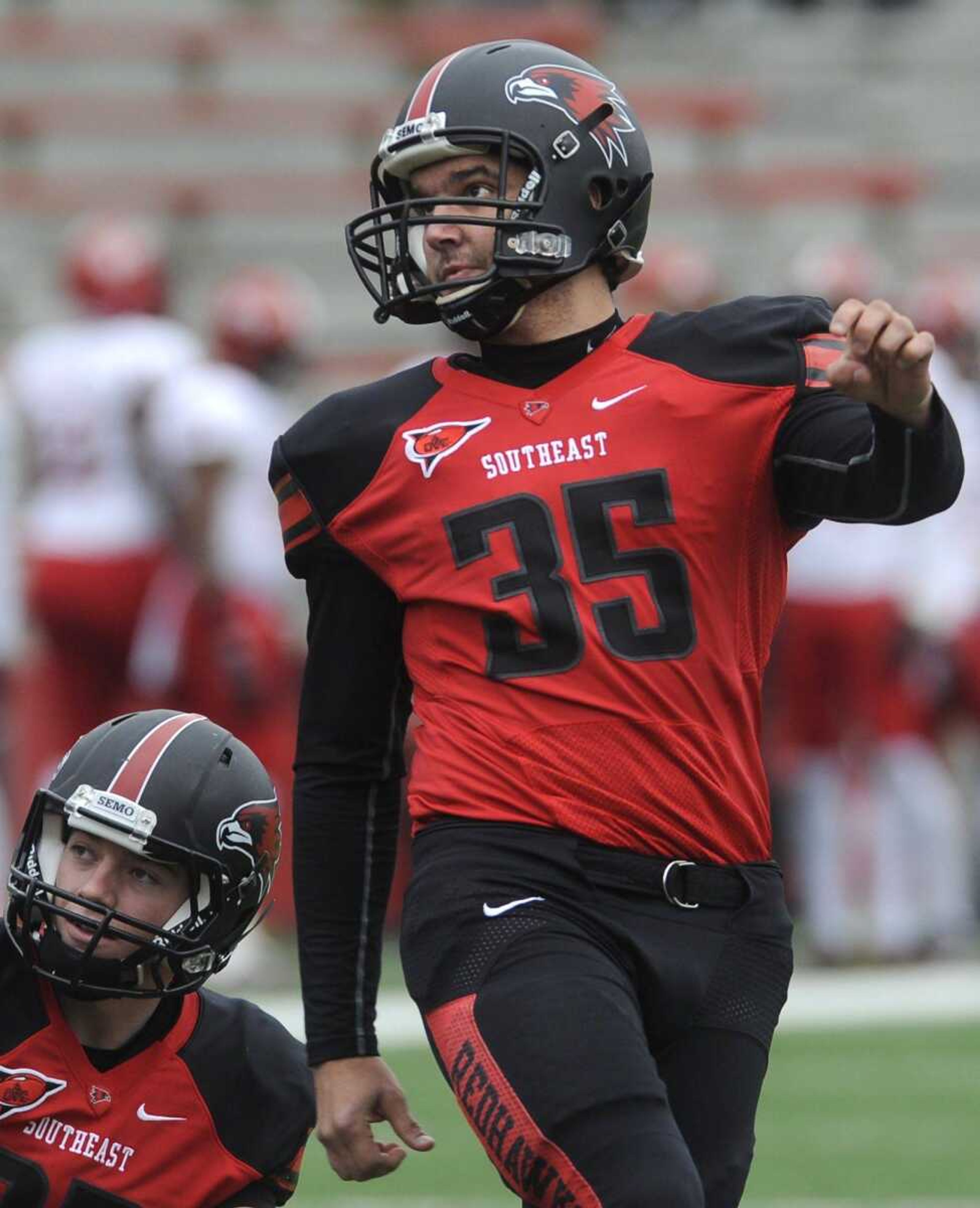 Southeast Missouri State's Ryan McCrum watches his PAT scored after his team's first touchdown against Jacksonville State during the first quarter Saturday, Nov. 22, 2014 at Houck Stadium. (Fred Lynch)