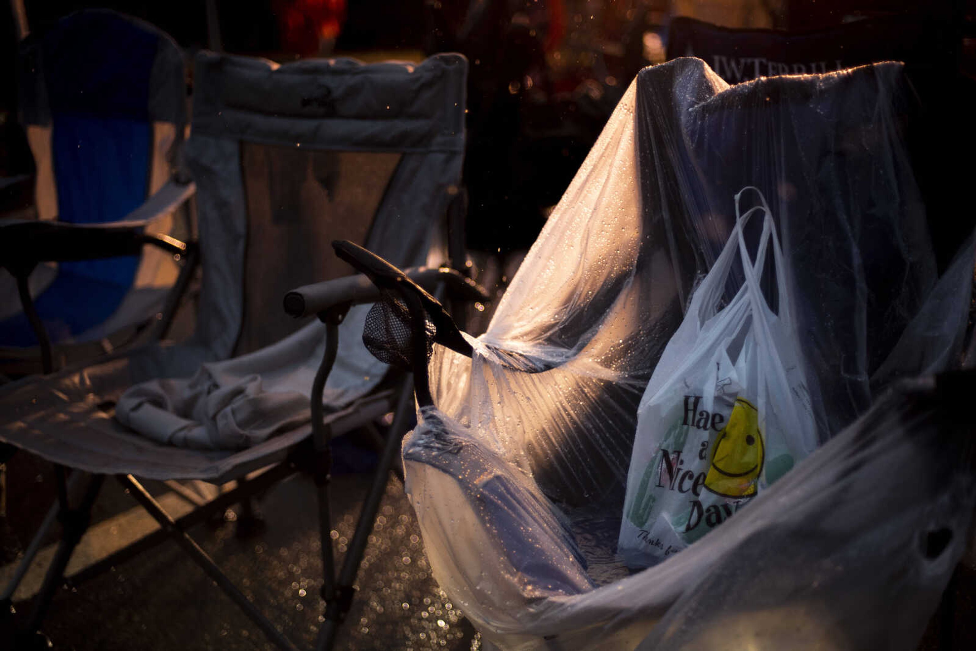 A chair is wrapped in plastic to protect it from the rain outside of the Show Me Center Monday, Nov. 5, 2018, in Cape Girardeau.