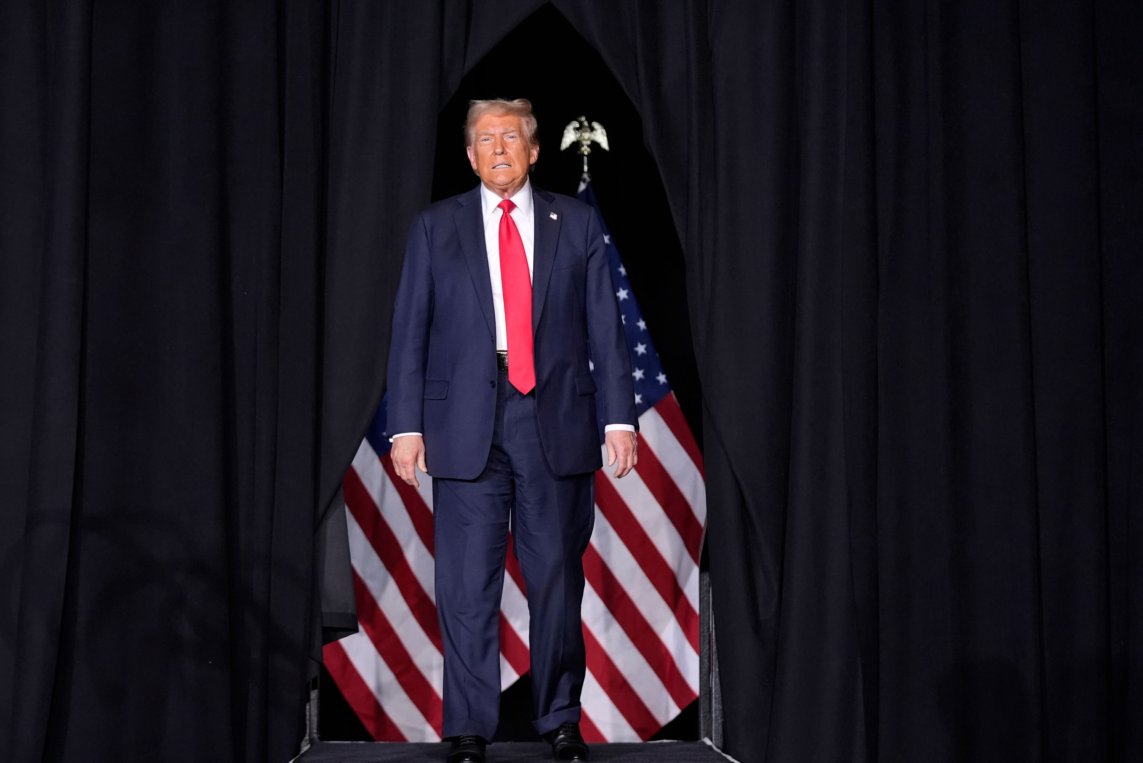 Republican presidential nominee former President Donald Trump arrives for a campaign rally at the Gaylord Rockies Resort & Convention Center, Friday, Oct. 11, 2024, in Aurora, Colo. (AP Photo/Alex Brandon)