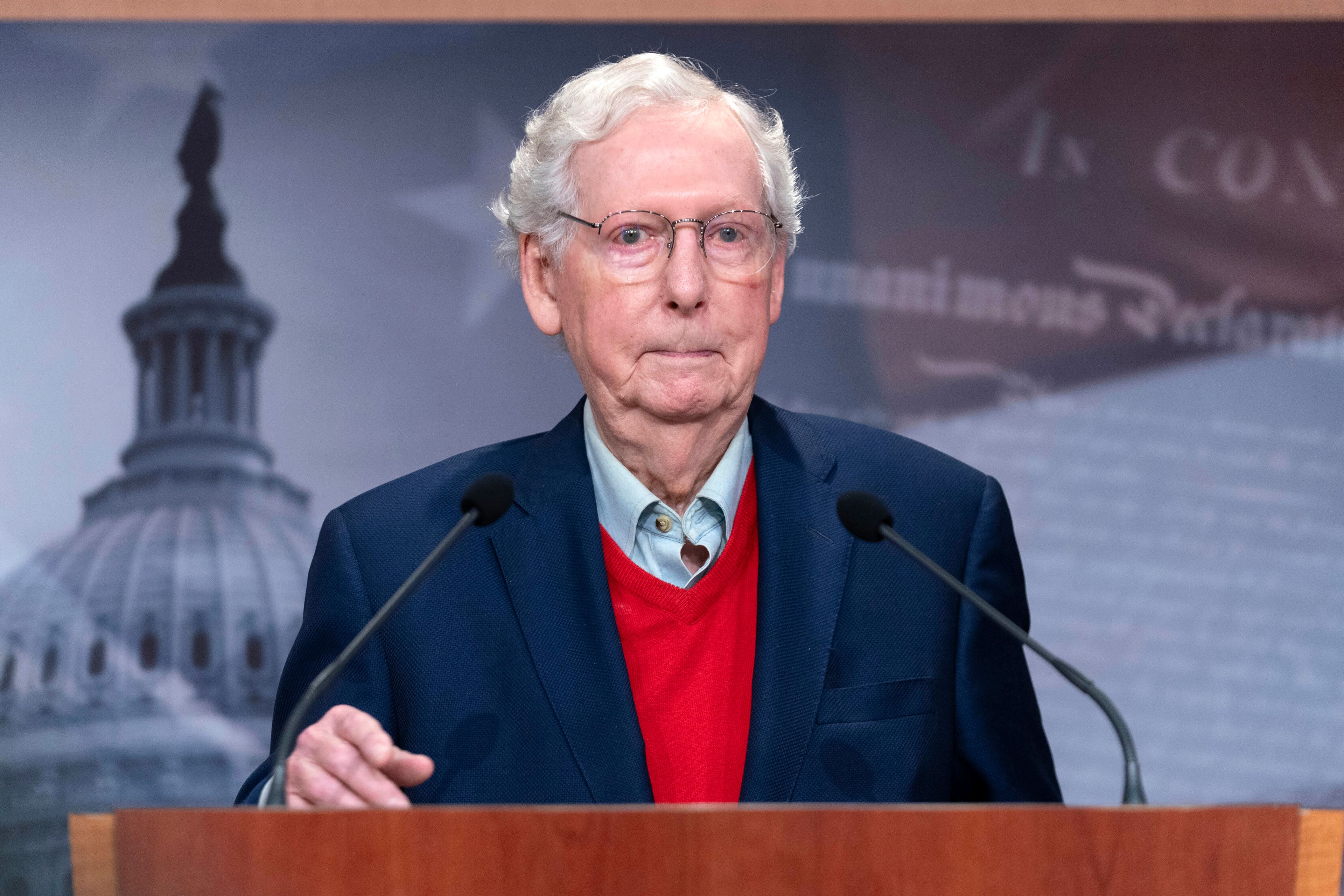 Senate Minority Leader Mitch McConnell R-Ky. speaks during a news conference about the election at the Capitol in Washington, Wednesday, Nov. 6, 2024. (AP Photo/Jose Luis Magana)