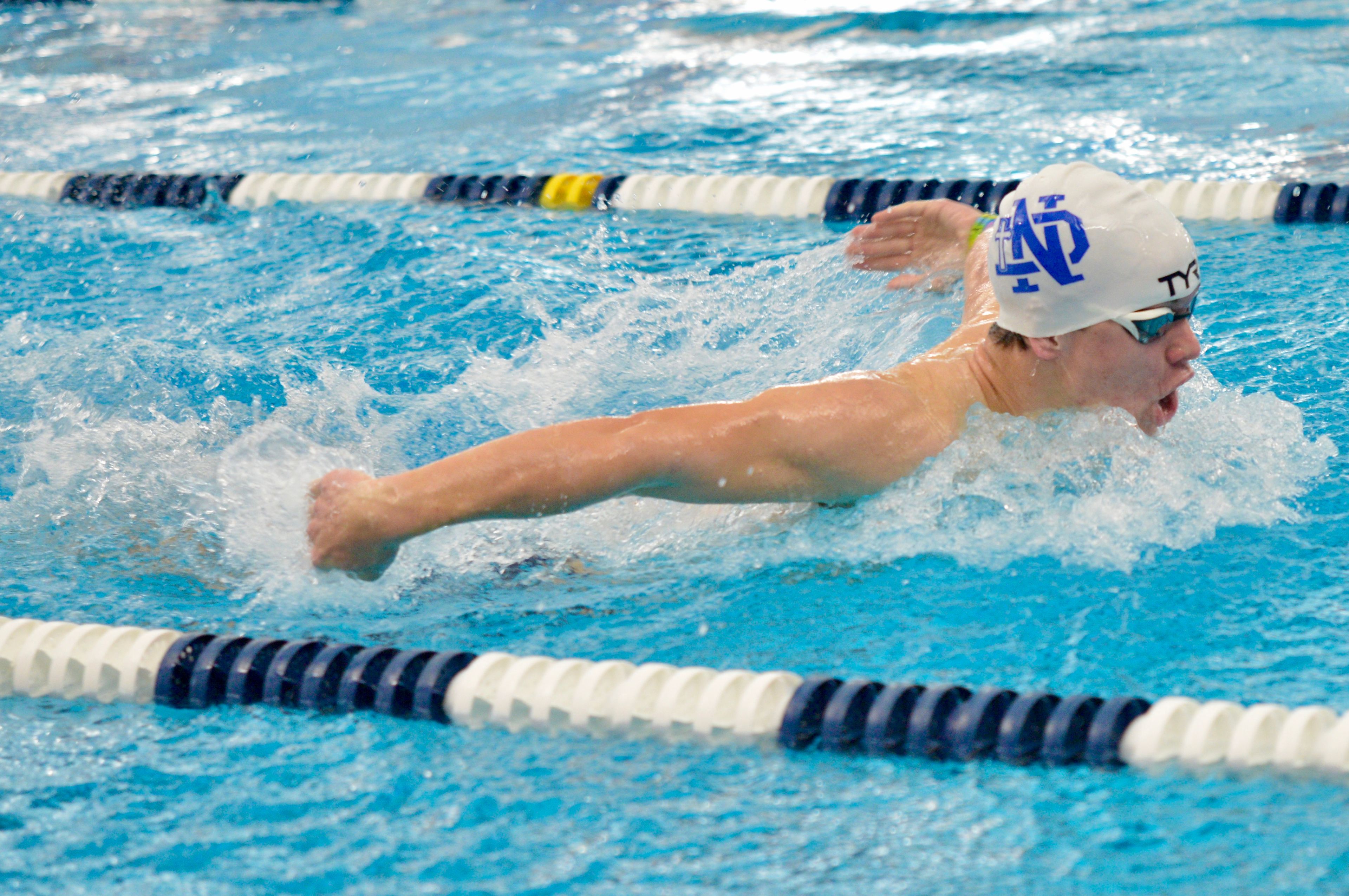 Notre Dame’s Parker Hulshof swims against Cape Central on Tuesday, Oct. 29, at the Cape Aquatic Center.