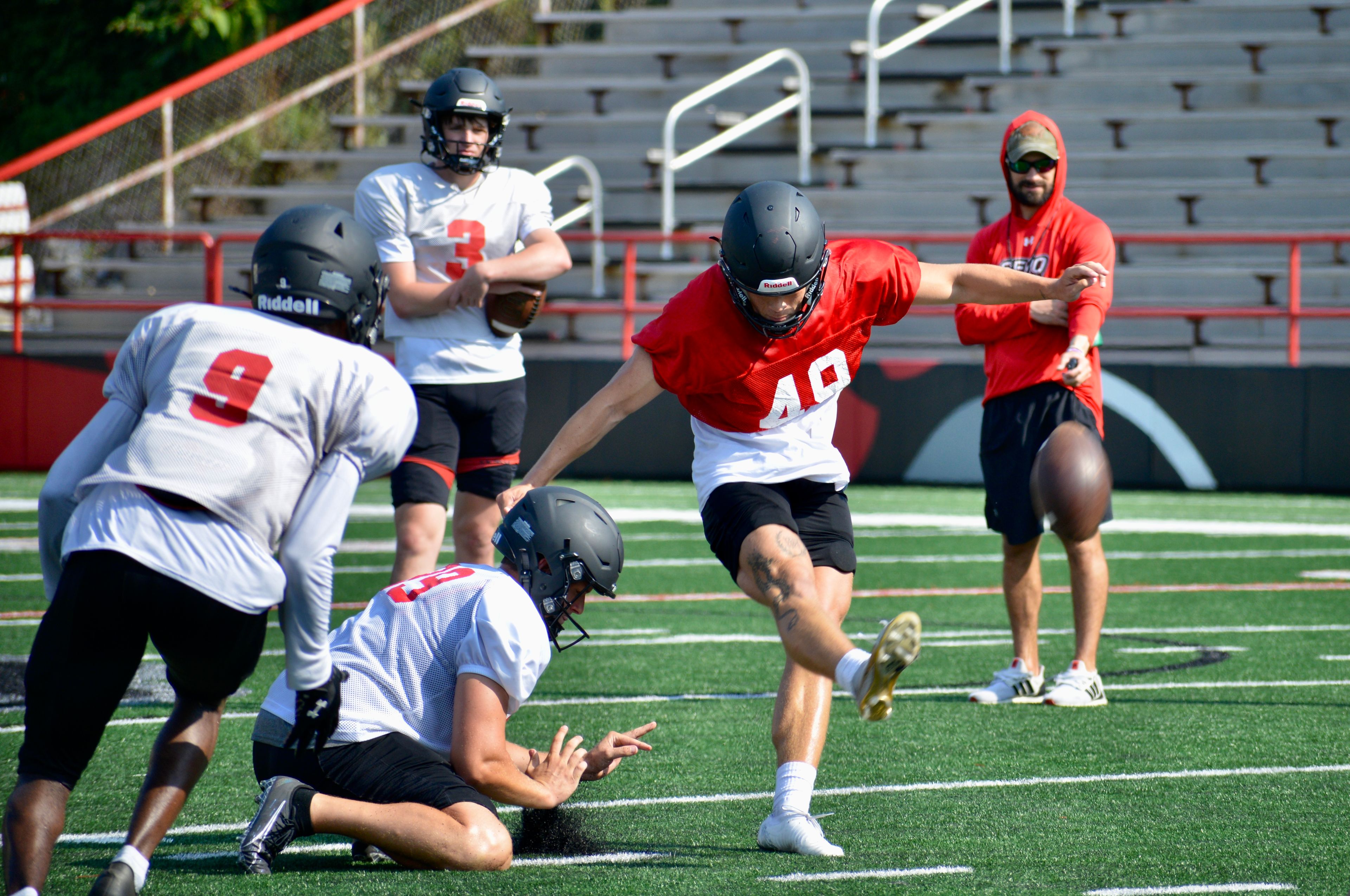 Southeast Missouri State kicker DC Pippin kicks a field goal during a recent practice at Houck Field. 