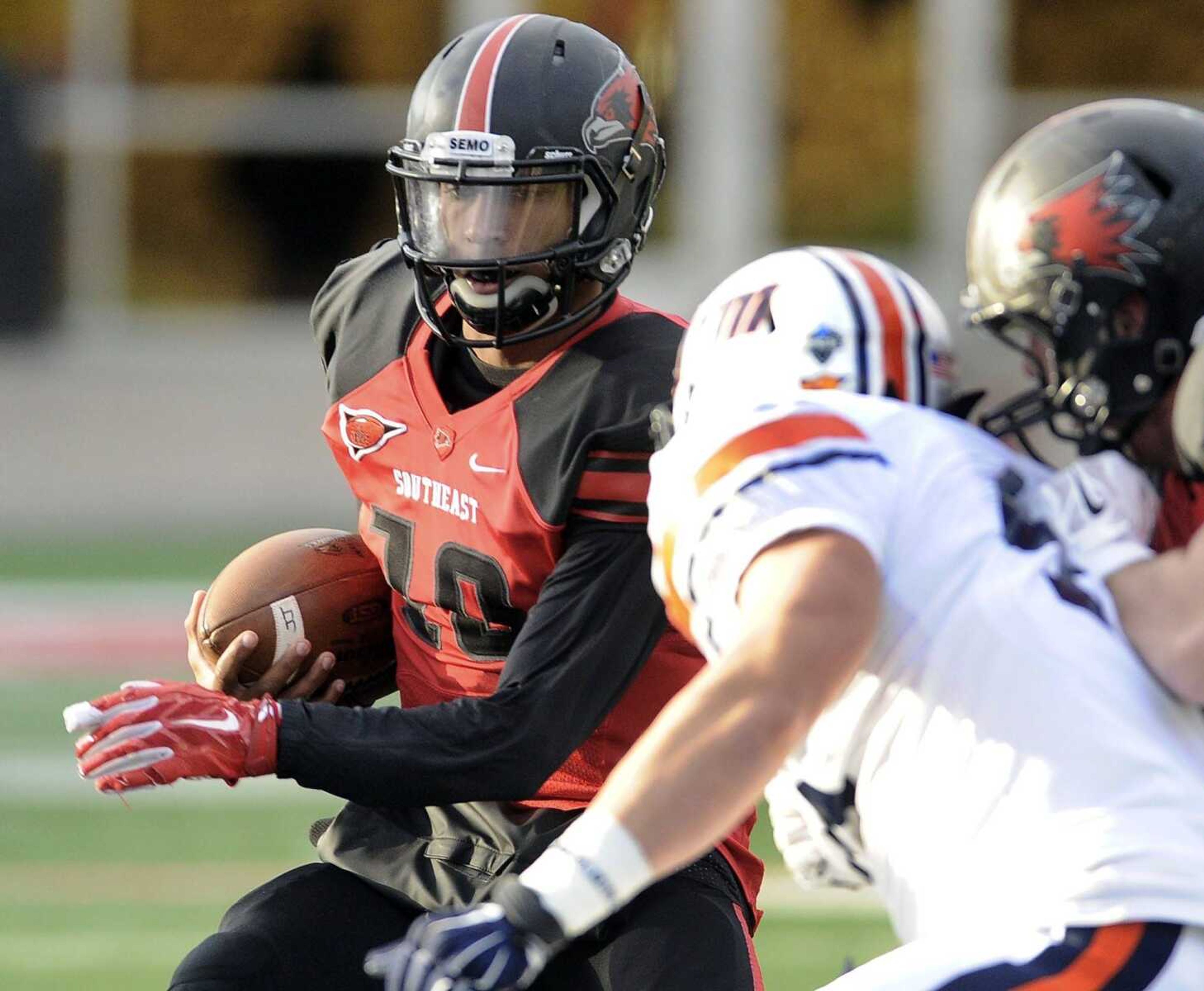 Southeast Missouri State quarterback Dante Vandeven carries to the sideline against UT Martin during the third quarter Saturday, Nov. 21, 2015 at Houck Stadium. (Fred Lynch)