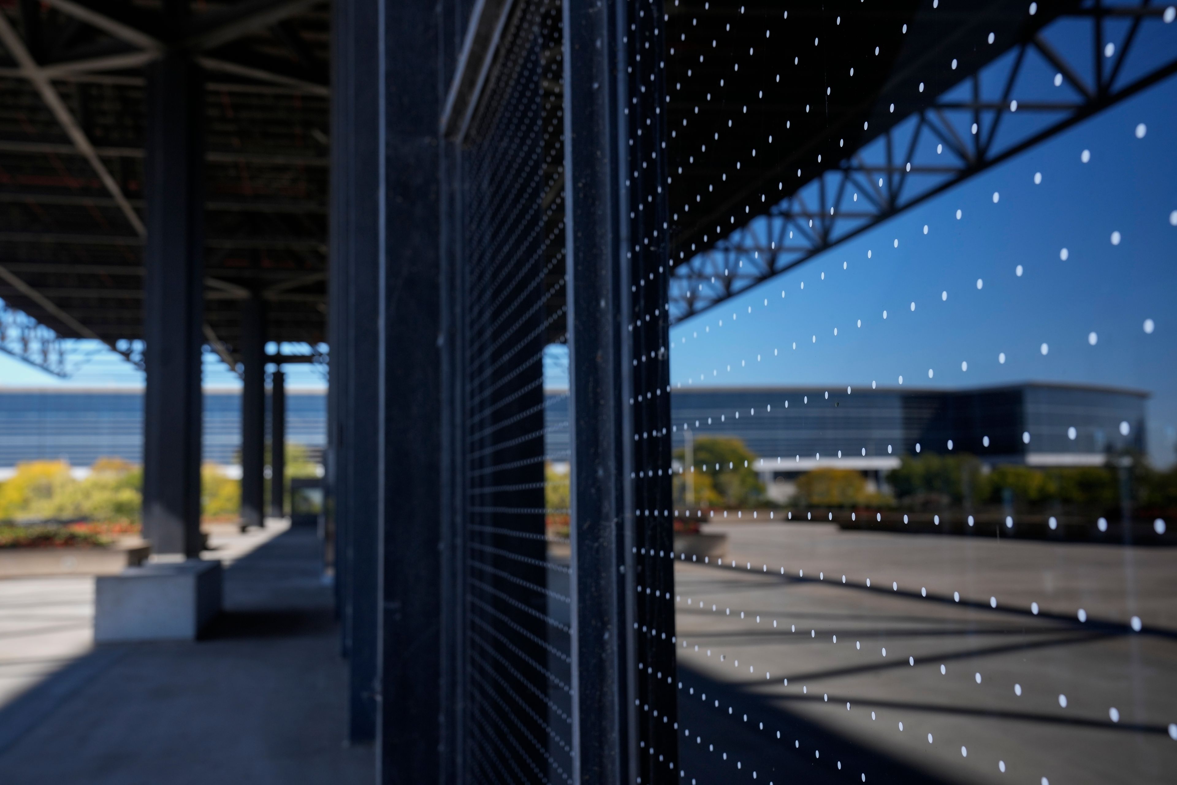 Bird-safe window film on the McCormick Lakeside Center building meant to prevent birds from colliding with the glass, particularly during spring and fall migration seasons, can be seen Monday, Oct. 7, 2024, in Chicago. (AP Photo/Erin Hooley)