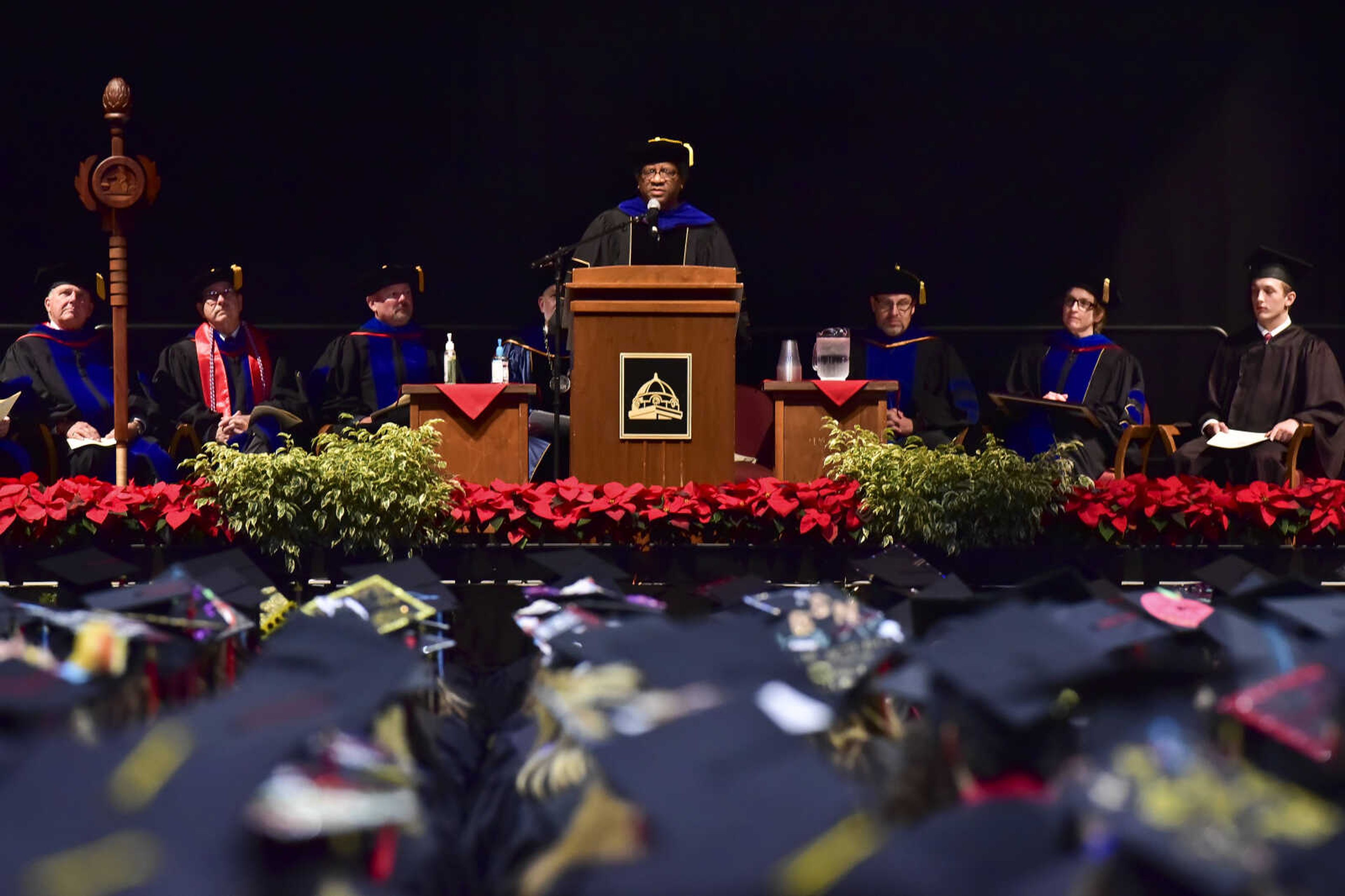 ANDREW J. WHITAKER ~ awhitaker@semissourian.com
Dr. Willie Redmond gives the commencement address during Southeast Missouri State University graduation Saturday, Dec. 17, 2016 at the Show Me Center in Cape Girardeau.