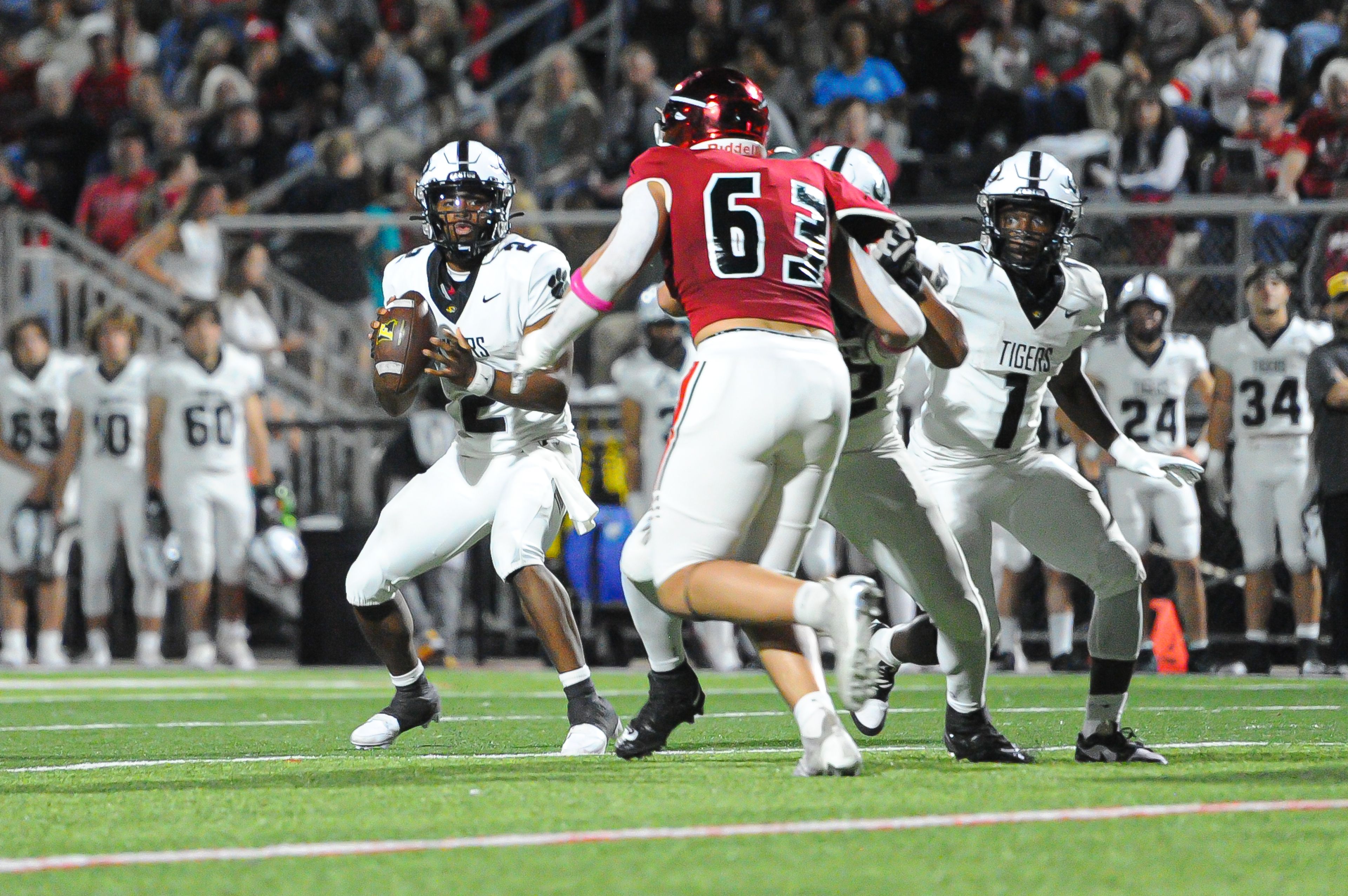 Festus's Essien Smith looks downfield during a Friday, October 25, 2024 game between the Jackson Indians and the Festus Tigers at "The Pit" in Jackson, Mo. Jackson defeated Festus, 43-7.