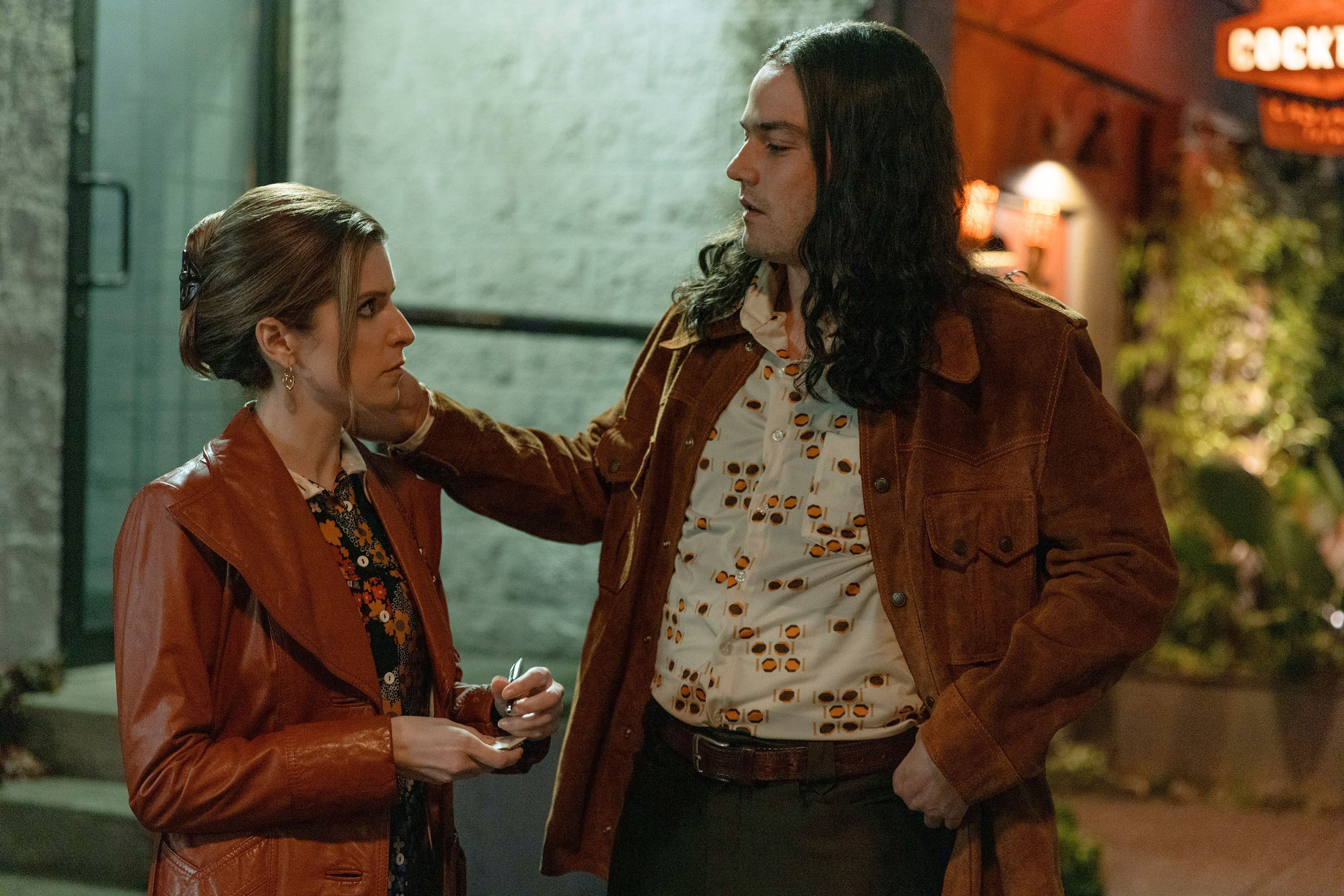 This image released by Netflix shows Anna Kendrick, left, and Daniel Zovatto in a scene from "Woman of the Hour." (Leah Gallo/Netflix via AP)