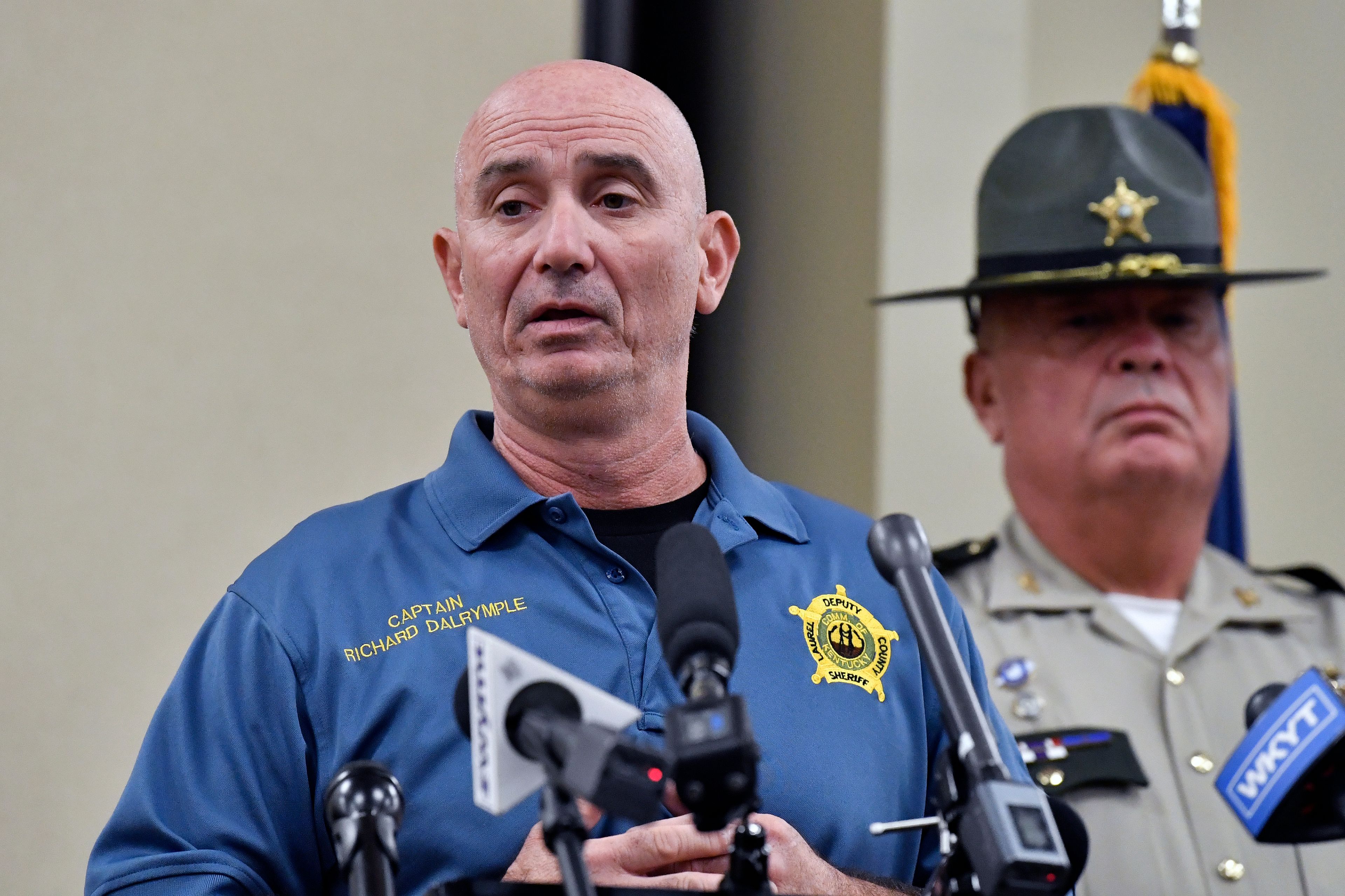 Laurel County Sheriff's Captain Richard Dalrymple gives an update at the London Community Center in London, Ky., Sunday, Sept. 8, 2024, on the efforts to find the suspect in the Saturday shooting at Interstate 75 near Livingston, Ky. (AP Photo/Timothy D. Easley)