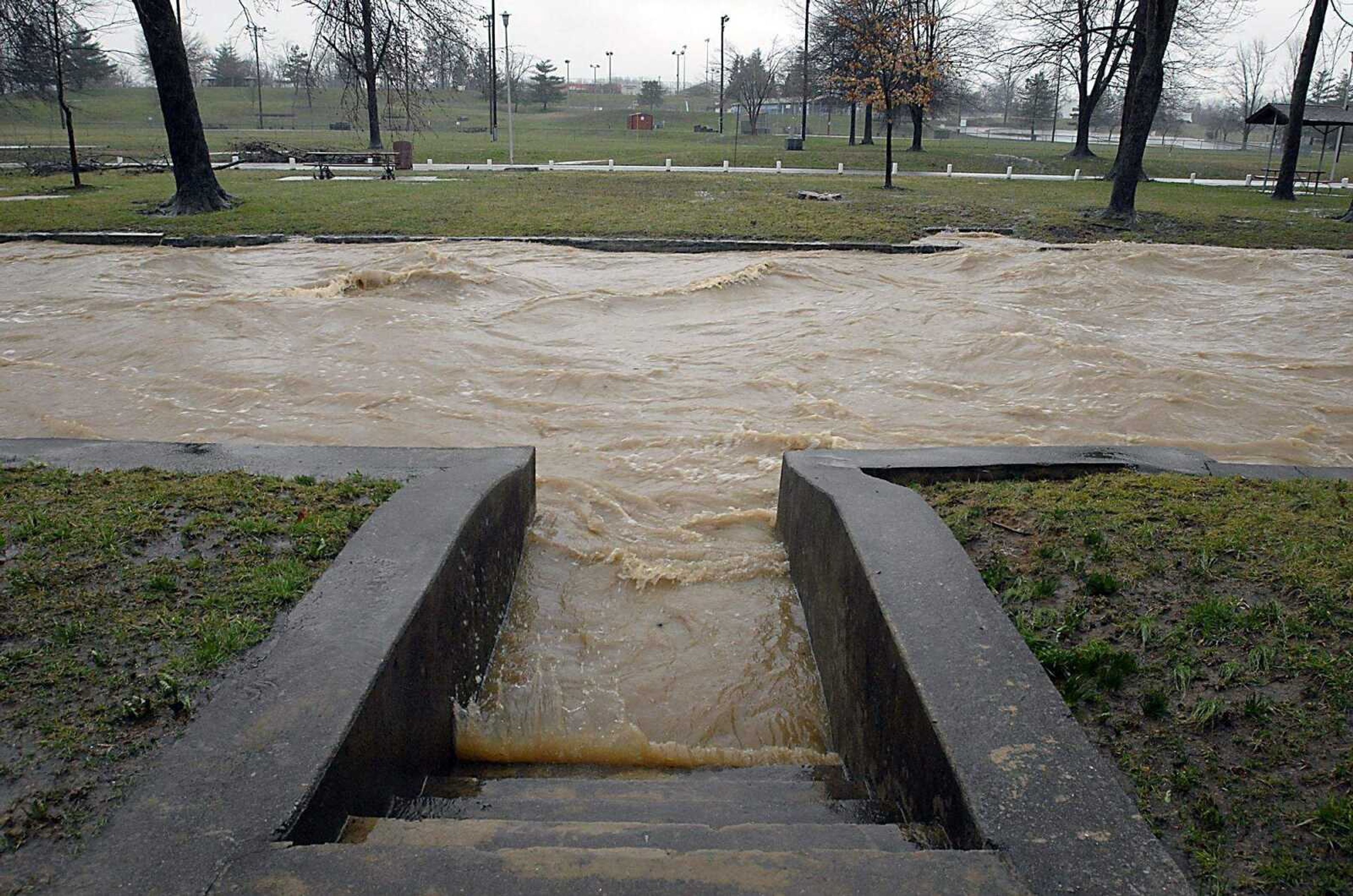 KIT DOYLE ~ kdoyle@semissourian.com
Normally low enough to drive through with a vehicle, Hubble Creek rushed through Jackson City Park Tuesday afternoon, March 18, 2008.