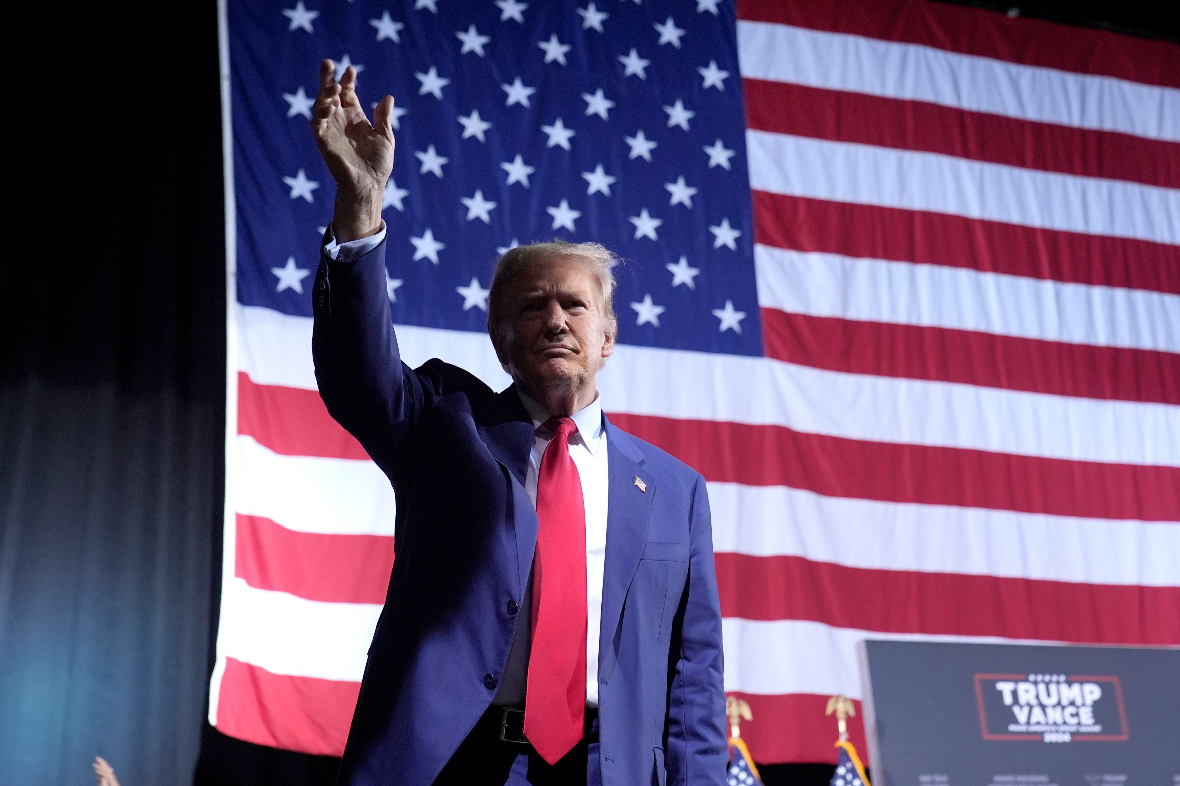 Republican presidential nominee former President Donald Trump departs after speaking at a campaign event at the Linda Ronstadt Music Hall, Thursday, Sept.12, 2024, in Tucson, Ariz. (AP Photo/Alex Brandon)