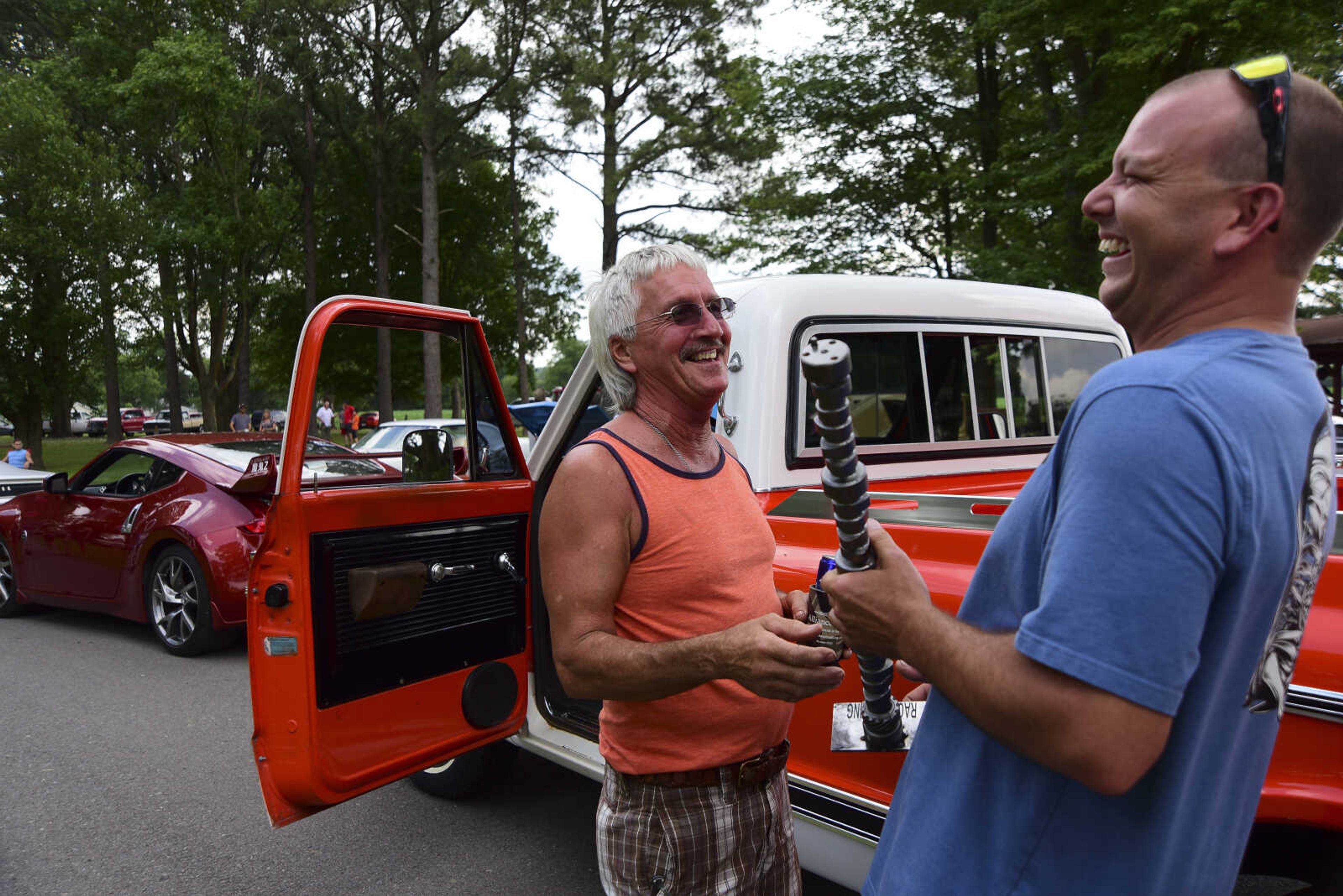 Ronnie Diebold Sr. wins the loudest exhaust contest during the 22nd annual Oran Car Show at George Tilles Jr. Memorial Park Saturday, June 3, 2017 in Oran.