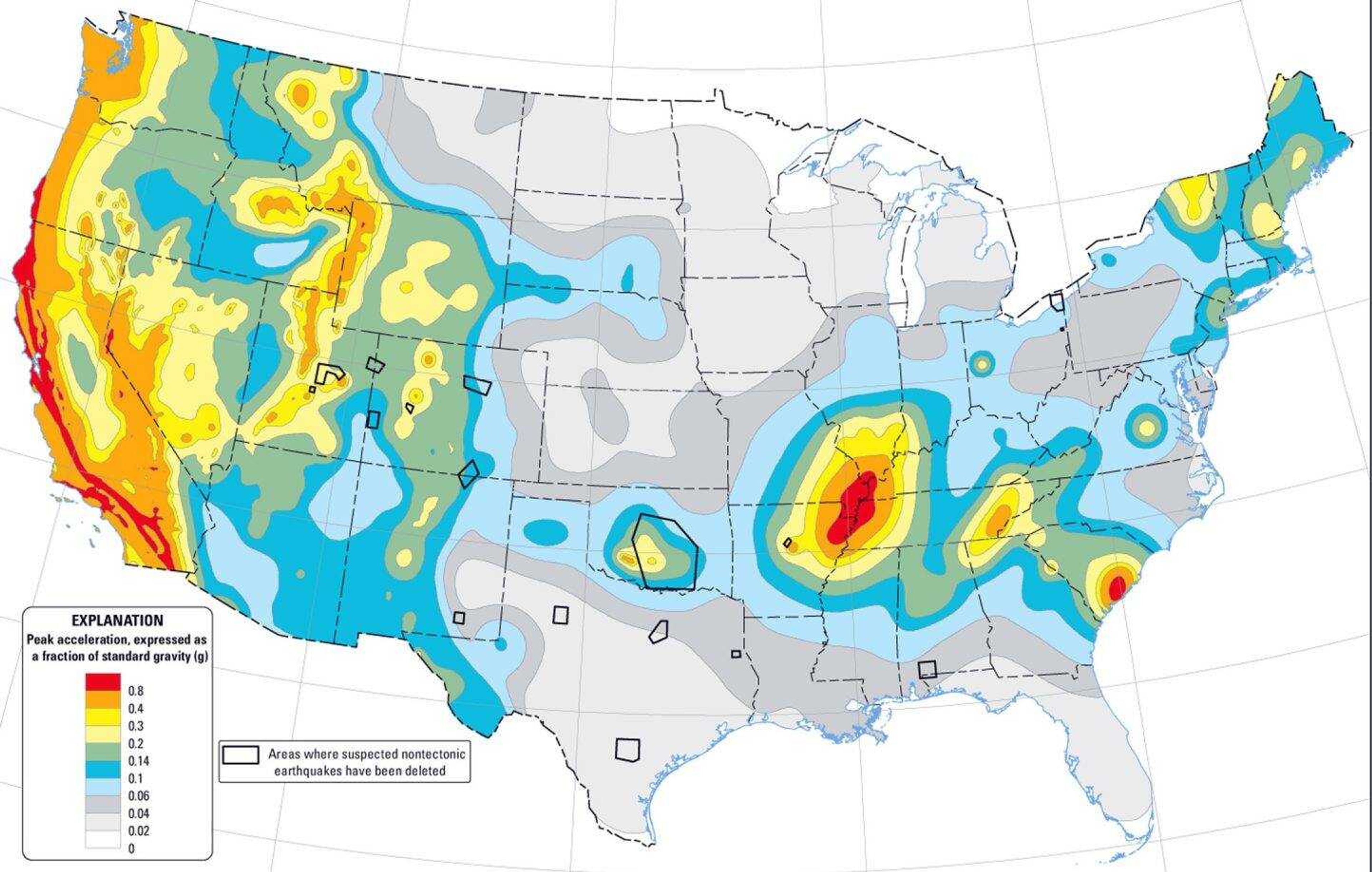 This map from the U.S. Geological Survey shows the probability of severe earthquakes within the next 50 years. (USGS)