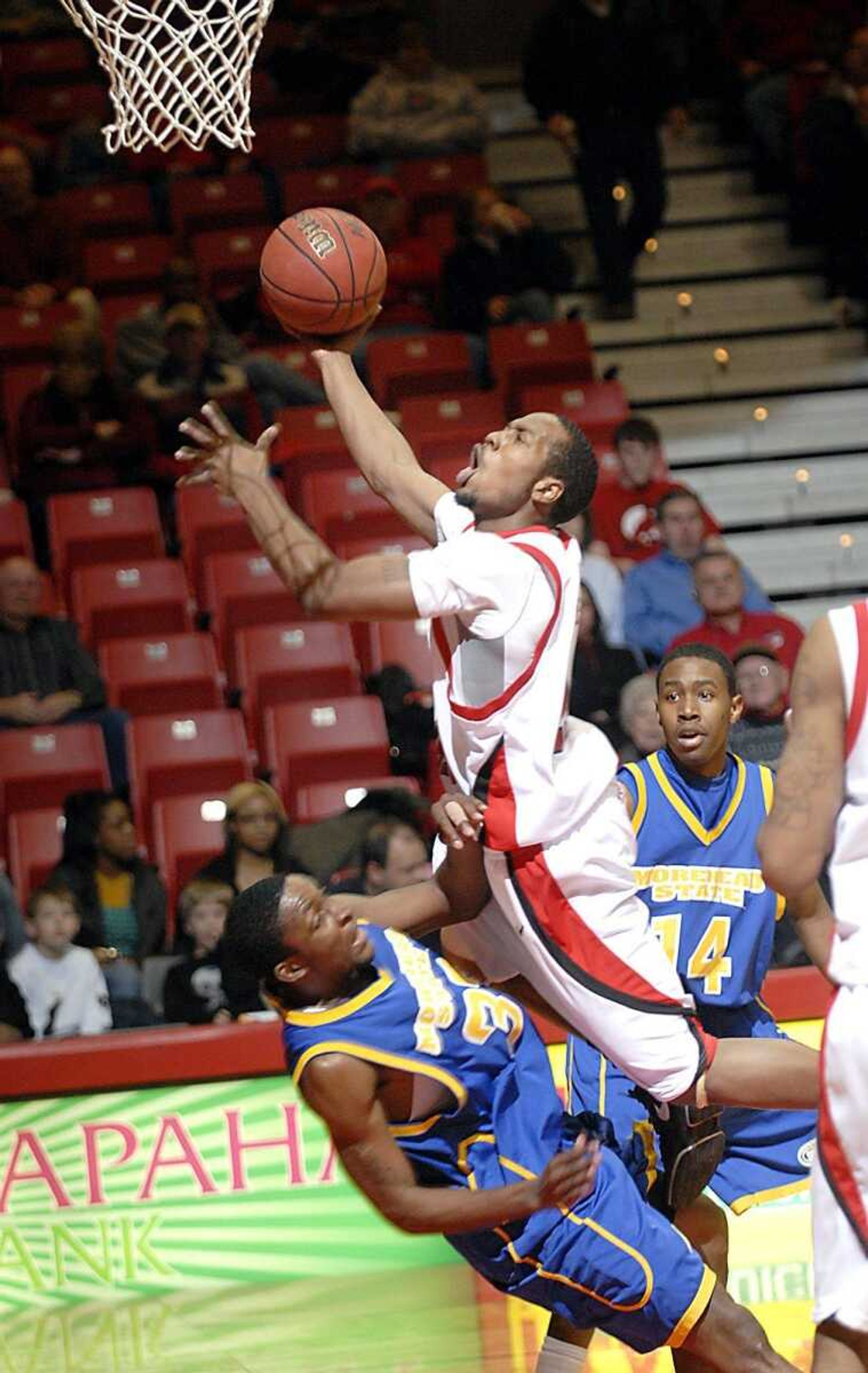 Southeast Missouri State sophomore Roderick Pearson drew a foul from Morehead State's Leon Buchanan early in the game Thursday, January 24, 2008, at the Show Me Center. (Kit Doyle)