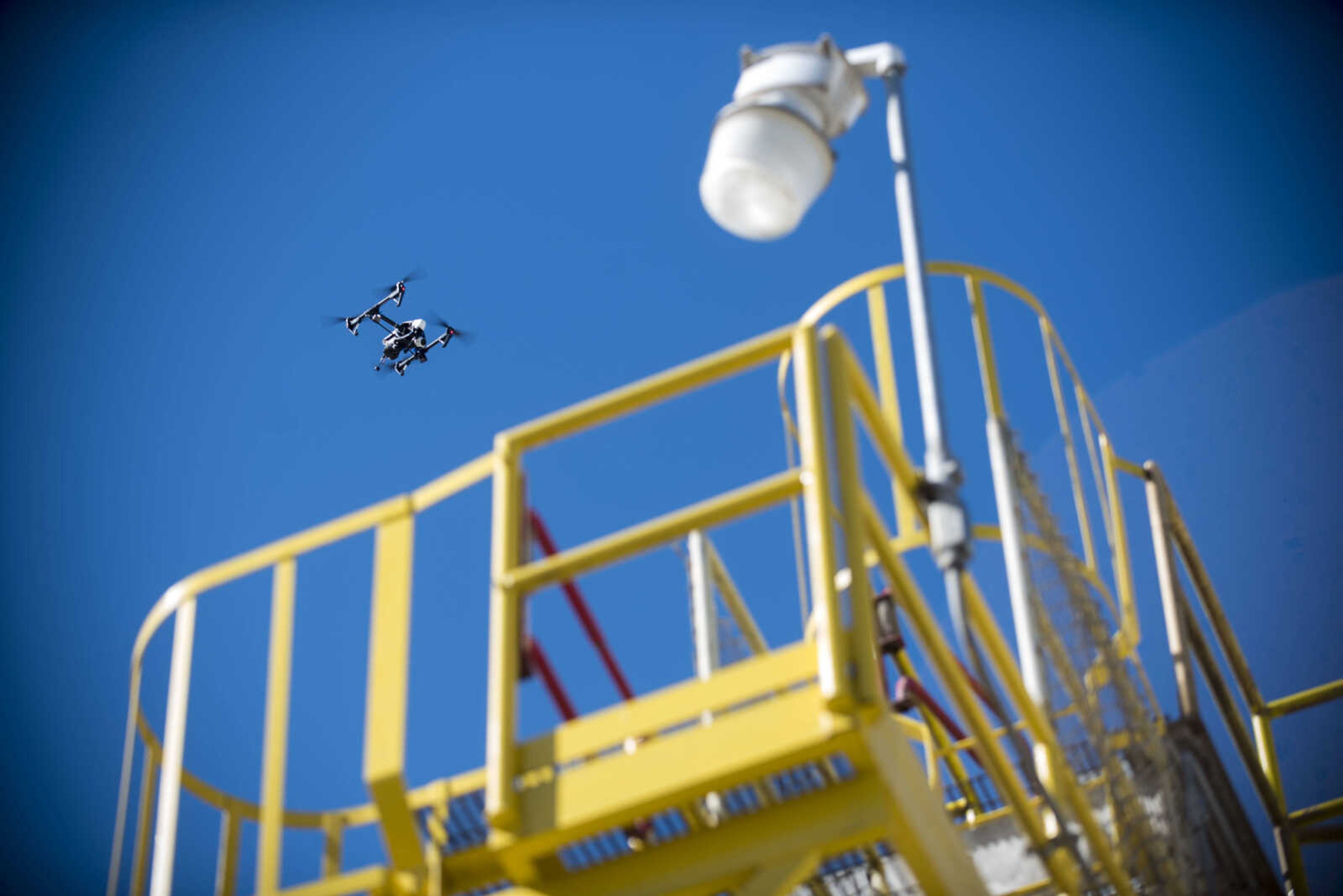 A drone monitors a rescue from the air as members of the SEMO Homeland Security Response Team conduct hazmat training on Wednesday, Oct. 17, 2018 at the Cape Girardeau Buzzi Unicem cement plant.