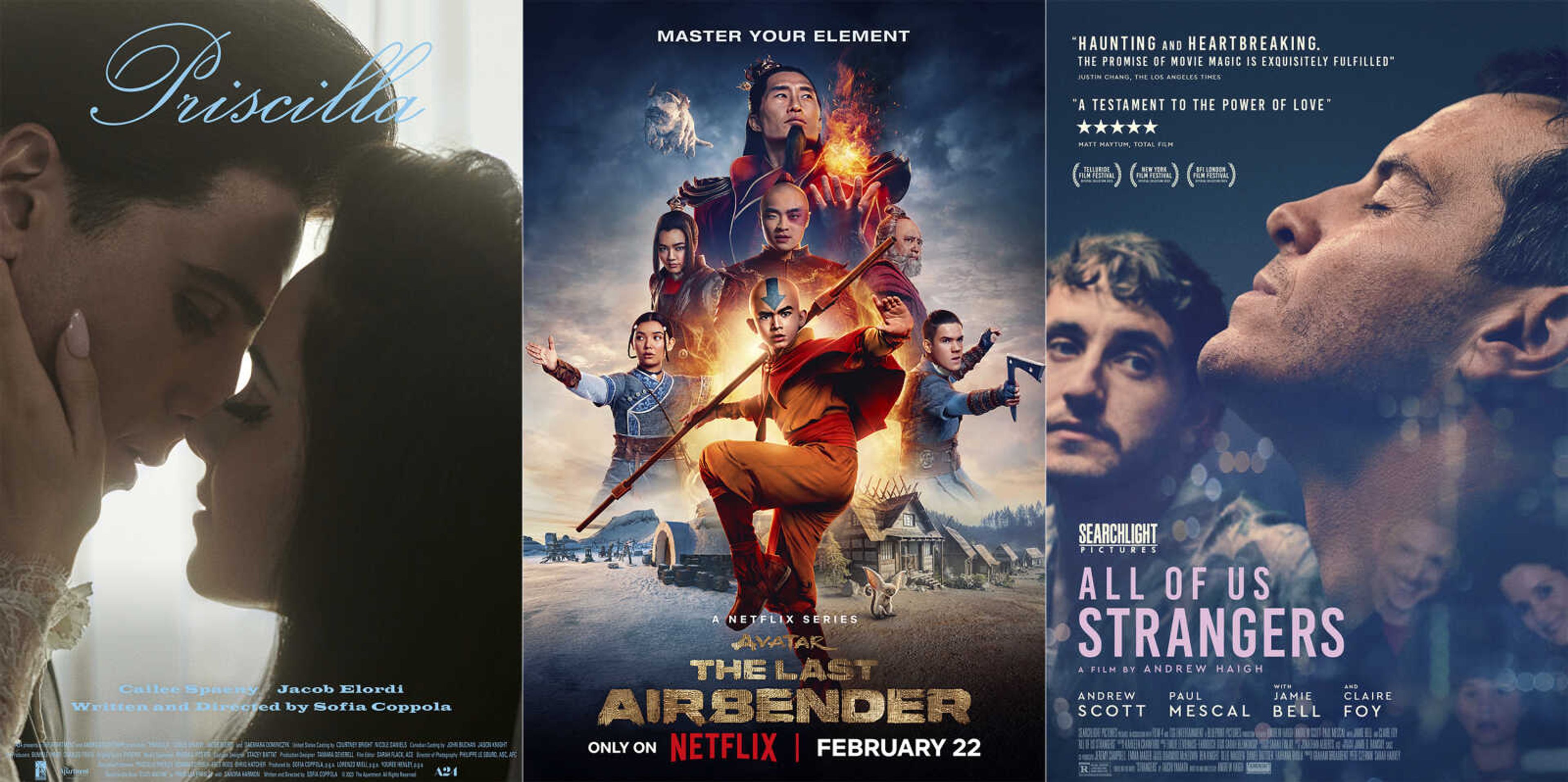 Promotional art for "Priscilla", streaming Feb. 23 on Max, left; "Avatar: The Last Airbender", streaming Feb. 22 on Netflix, center; and "All of Us Strangers", a film streaming Feb. 22 on Hulu.