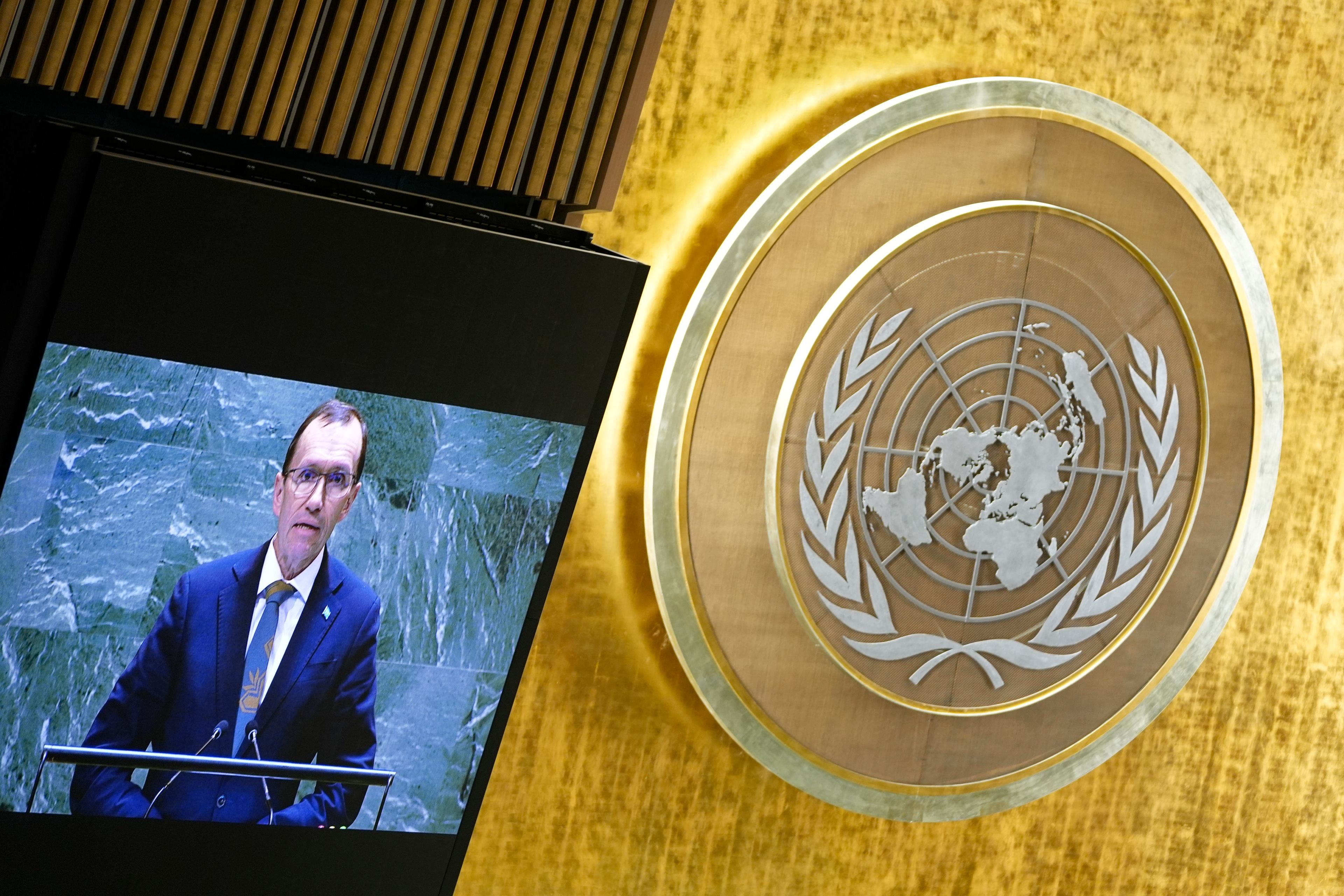 Norway's Minister for Foreign Affairs Espen Barth Eide addresses the 79th session of the United Nations General Assembly, Saturday, Sept. 28, 2024. (AP Photo/Pamela Smith)