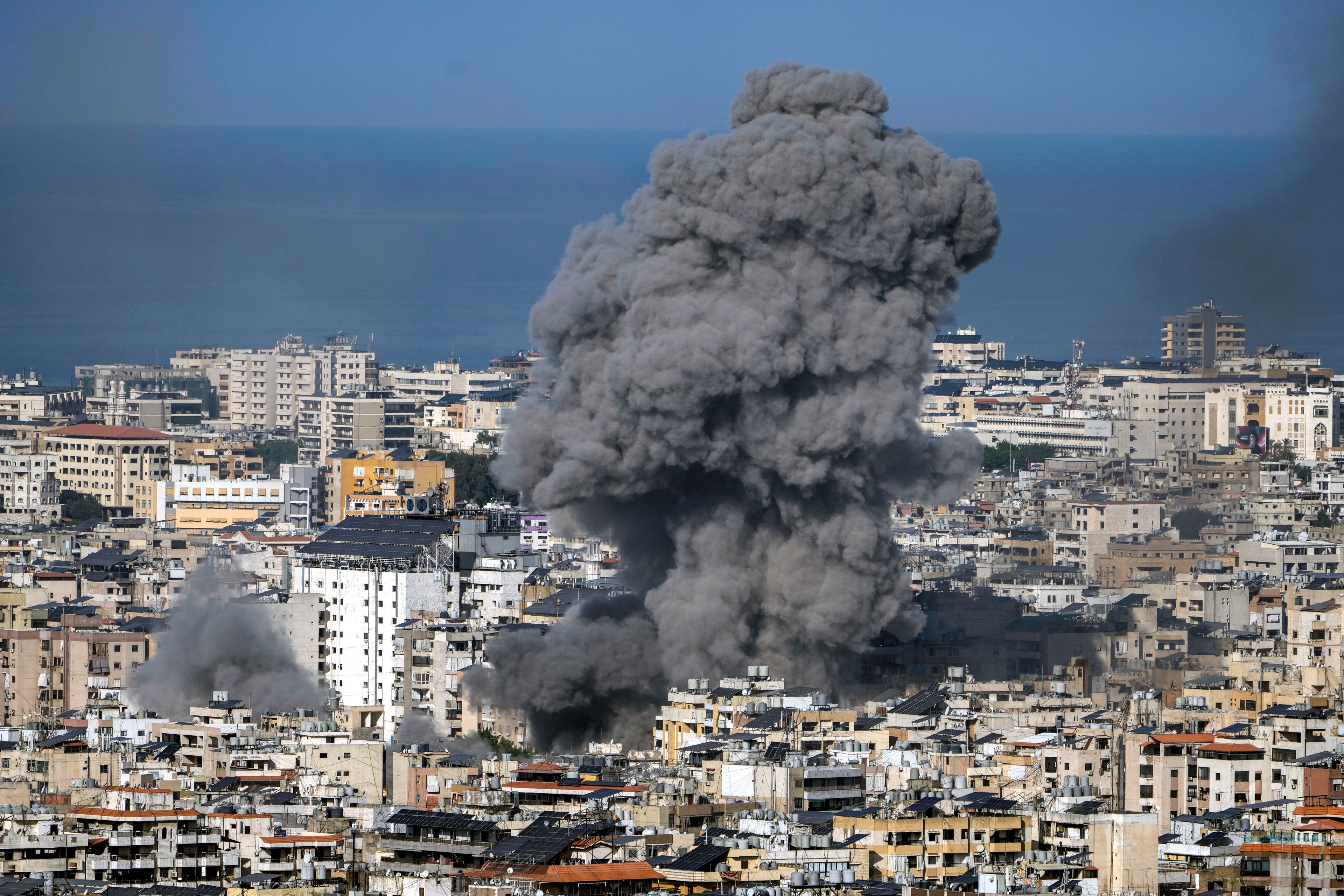 Smoke rises after an Israeli airstrike on Dahiyeh, in the southern suburb of Beirut, Lebanon, Saturday, Nov. 16, 2024. (AP Photo/Bilal Hussein)