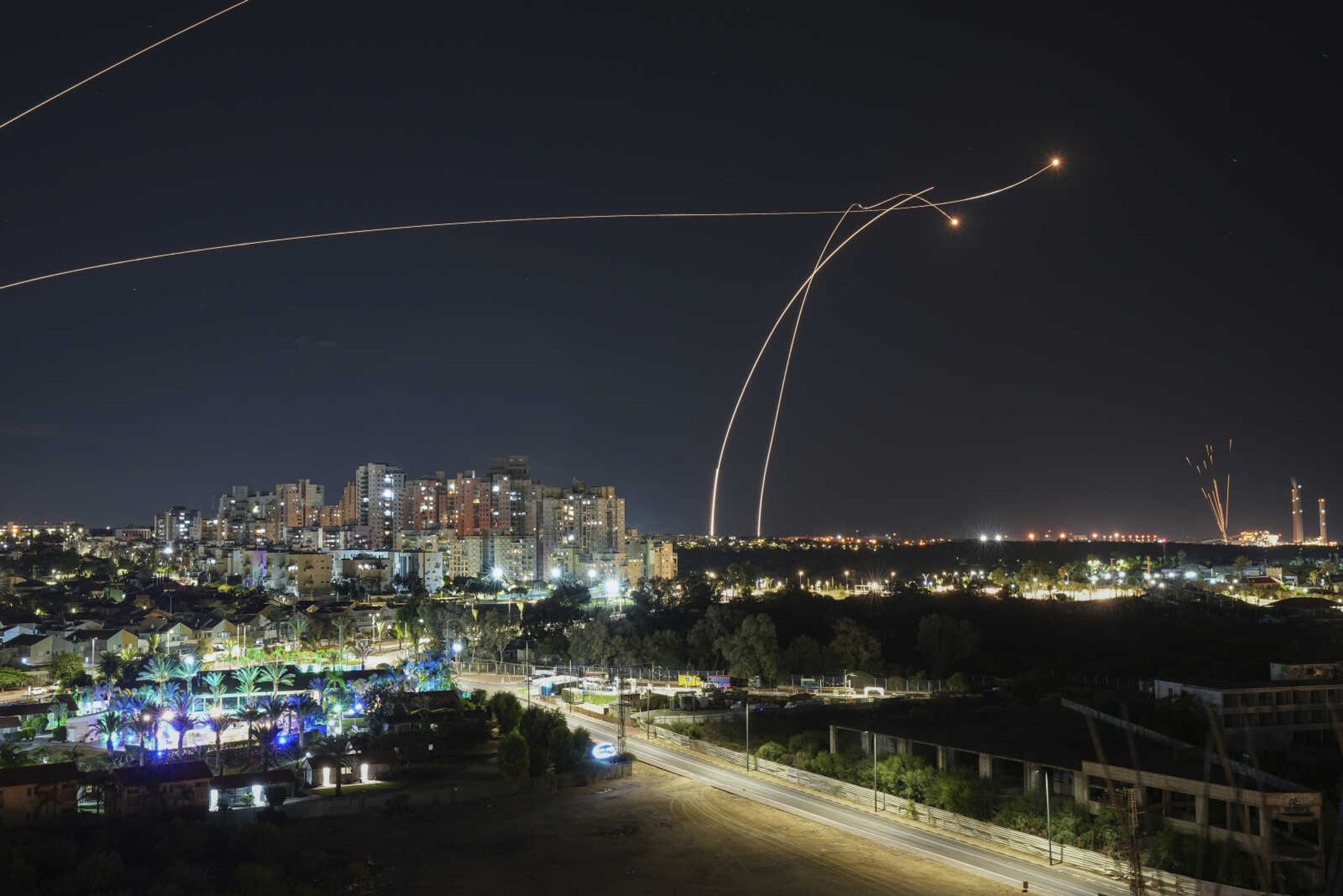 Israeli Iron Dome air defense system fires to intercept a rocket fired from the Gaza Strip, in Ashkelon, Israel, Tuesday, Oct.17, 2023. (AP Photo/Tsafrir Abayov)