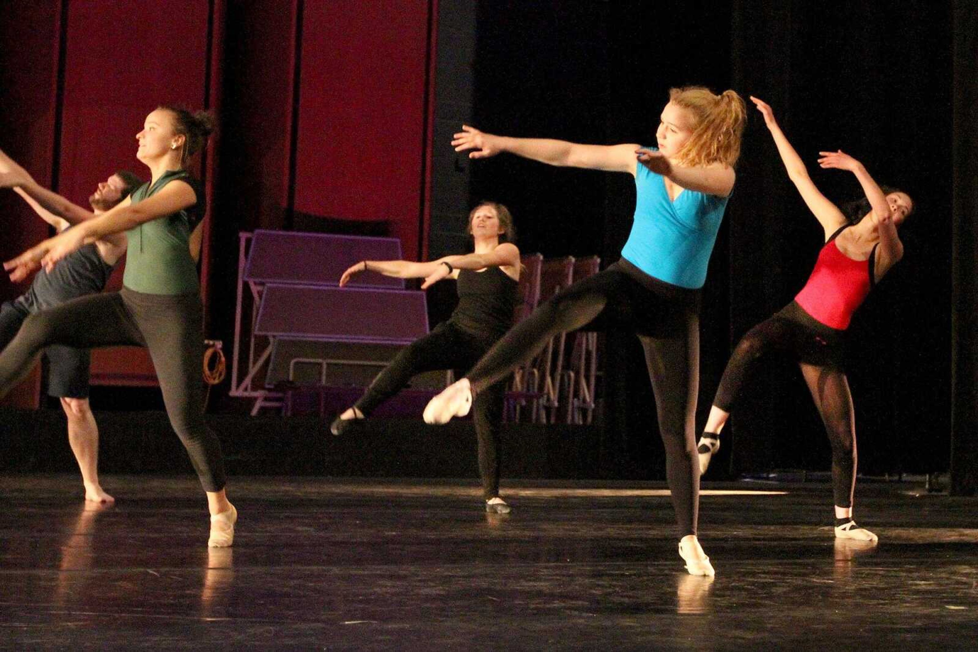 Dancers rehearse for the Fall for Dance concert Tuesday at the Bedell Performance Hall on the River Campus. (Glenn Landberg)