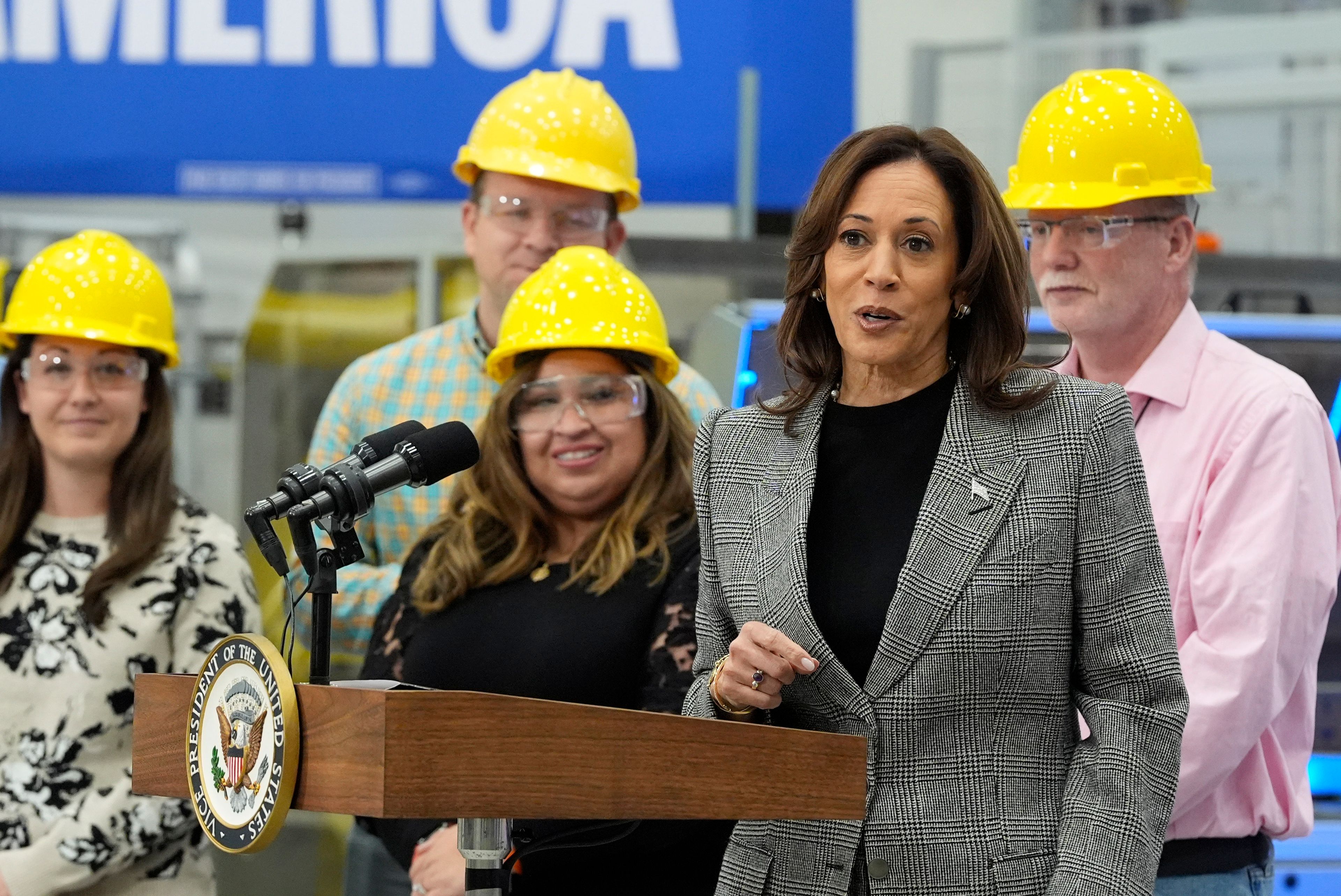 Democratic presidential nominee Vice President Kamala Harris speaks after taking a tour of the Hemlock Semiconductor Next-Generation Finishing facility in Hemlock, Mich., Monday, Oct. 28, 2024. (AP Photo/Jacquelyn Martin)