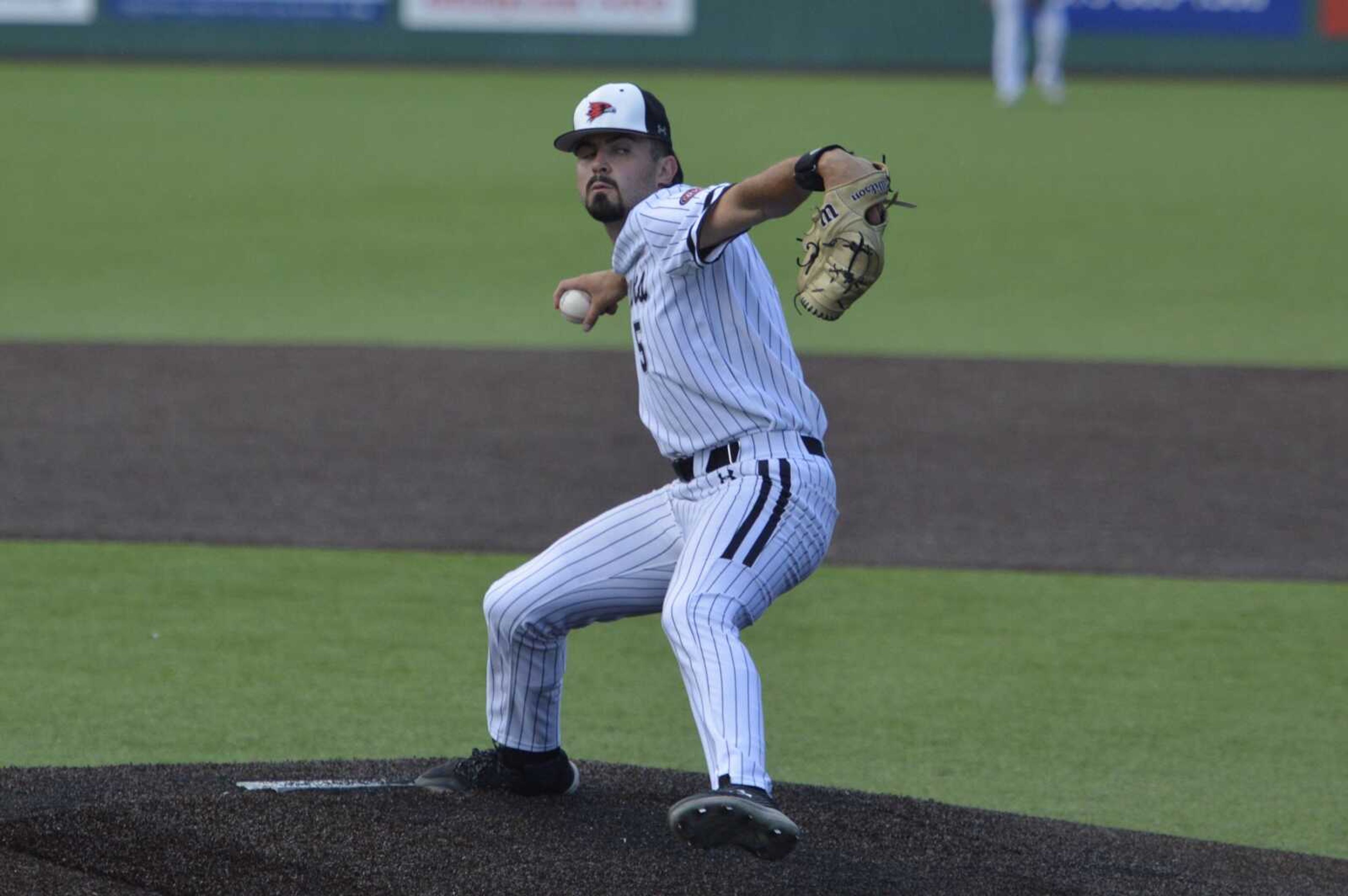 Southeast Missouri's Brian Strange winds to pitch during a Saturday, May 18, 2024 game between the Southeast Missouri State Redhawks and the Tennessee-Martin Skyhawks at Capaha Field in Cape Girardeau, Mo.