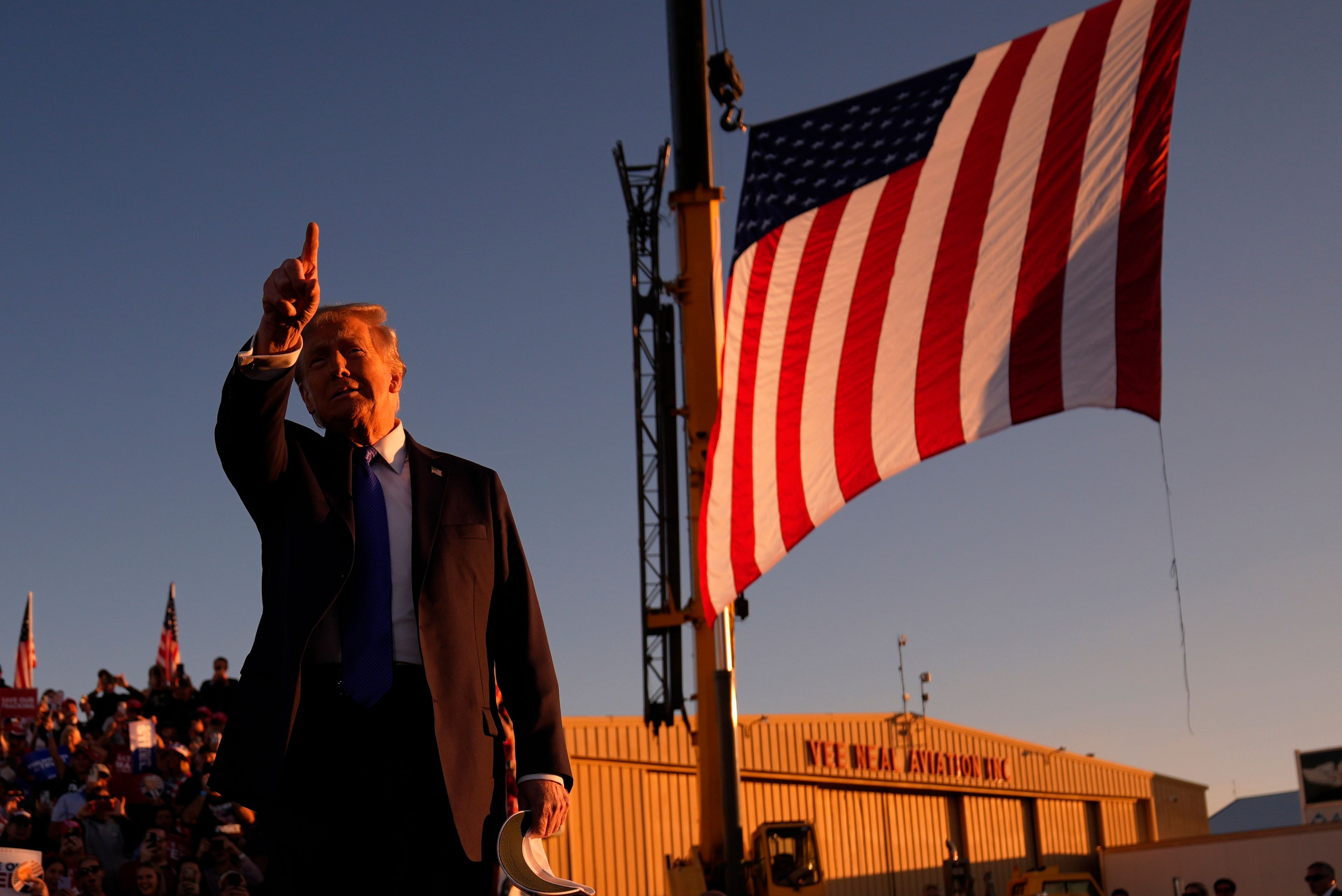 Republican presidential nominee former President Donald Trump arrives for a campaign rally at Arnold Palmer Regional Airport, Saturday, Oct. 19, 2024, in Latrobe, Pa. (AP Photo/Evan Vucci)