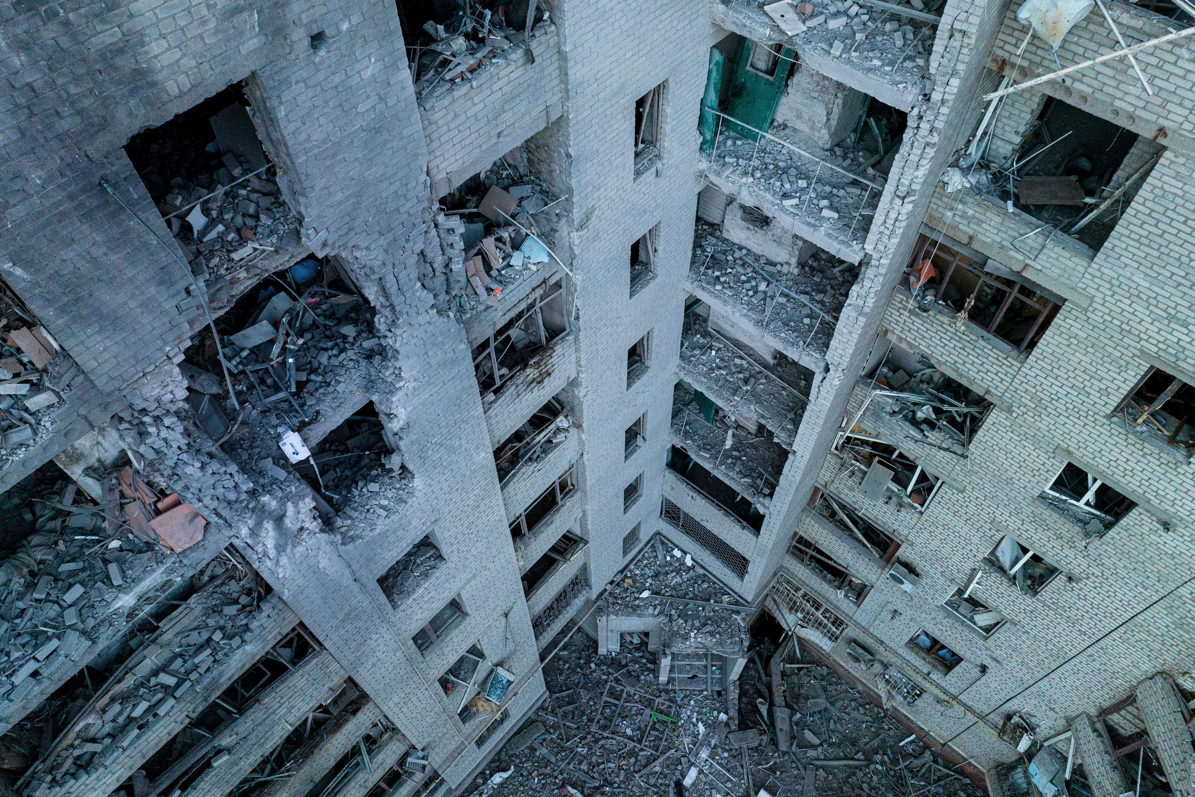 A residential building is seen heavily damaged after a Russian airstrike in Kramatorsk, Donetsk region, Ukraine, Wednesday, Sept. 25, 2024. (AP Photo/Evgeniy Maloletka)