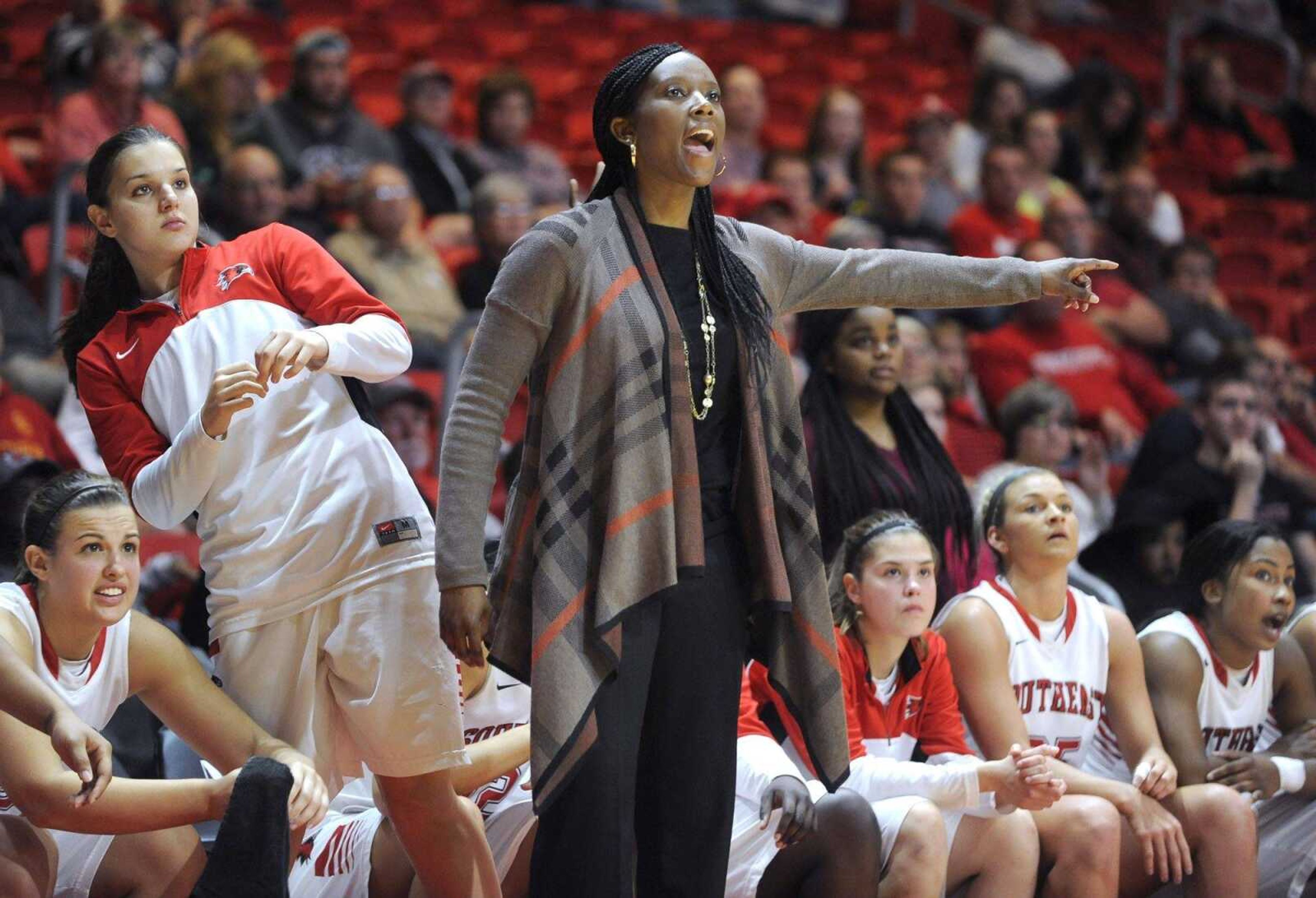 Southeast Missouri State coach Rekha Patterson directs her team during the third period of an exhibition game against Oakland City earlier this month at the Show Me Center. (Fred Lynch)