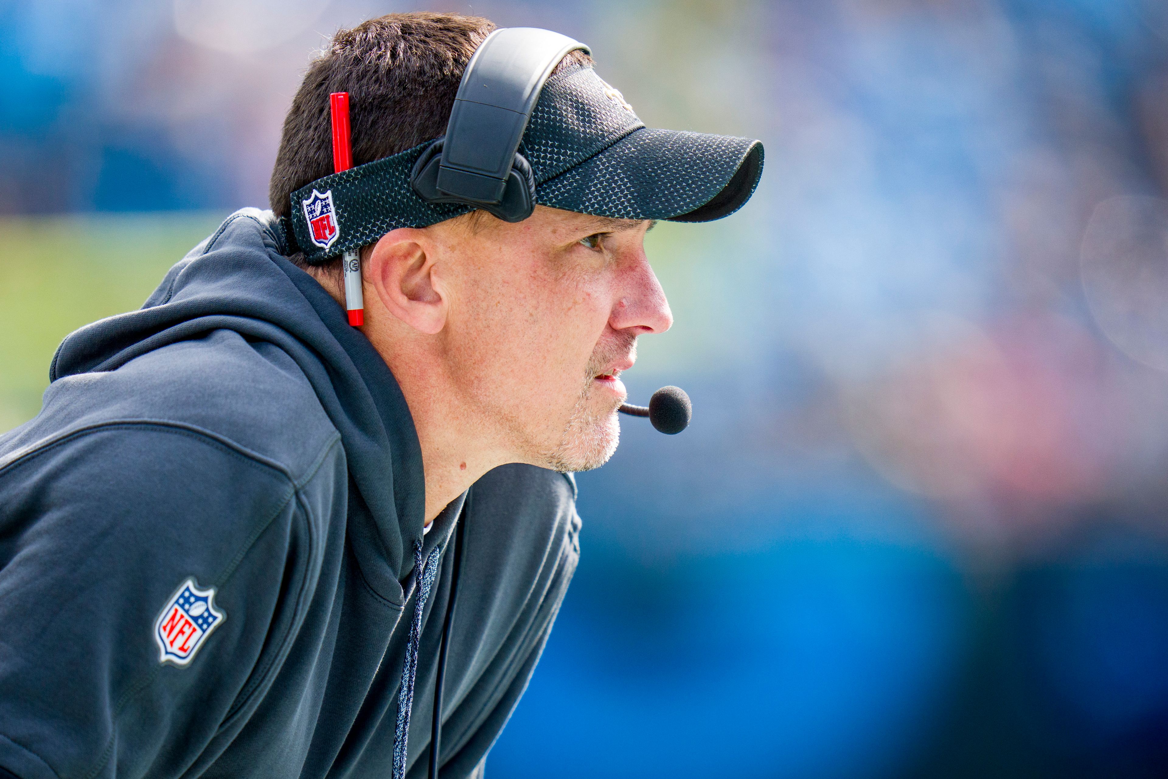 FILE - New Orleans Saints head coach Dennis Allen looks on during an NFL football game against the Carolina Panthers Sunday, Nov. 3, 2024, in Charlotte, N.C. (AP Photo/Rusty Jones)