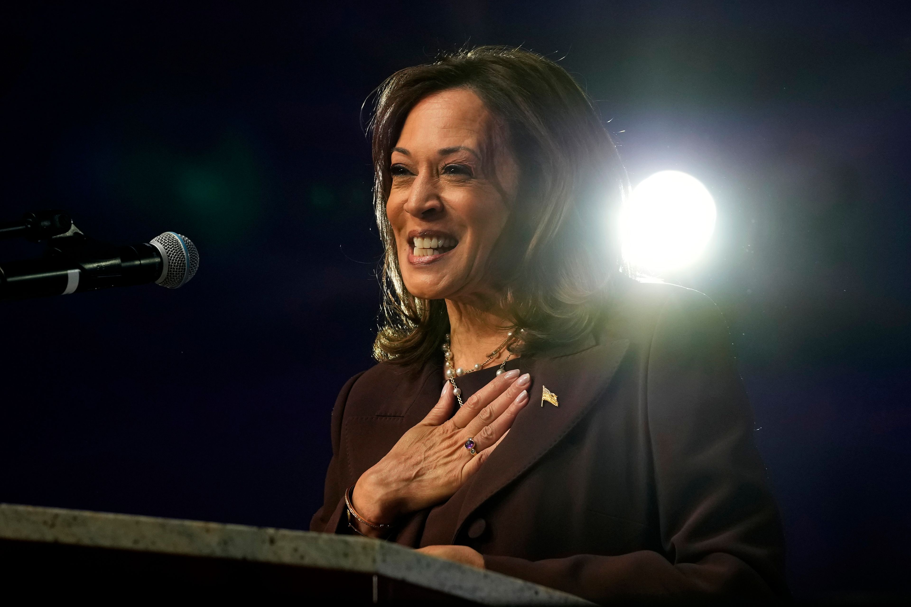 Democratic presidential nominee Vice President Kamala Harris speaks during a service at the Church of Christian Compassion, Sunday, Oct. 27, 2024, in Philadelphia. (AP Photo/Susan Walsh)