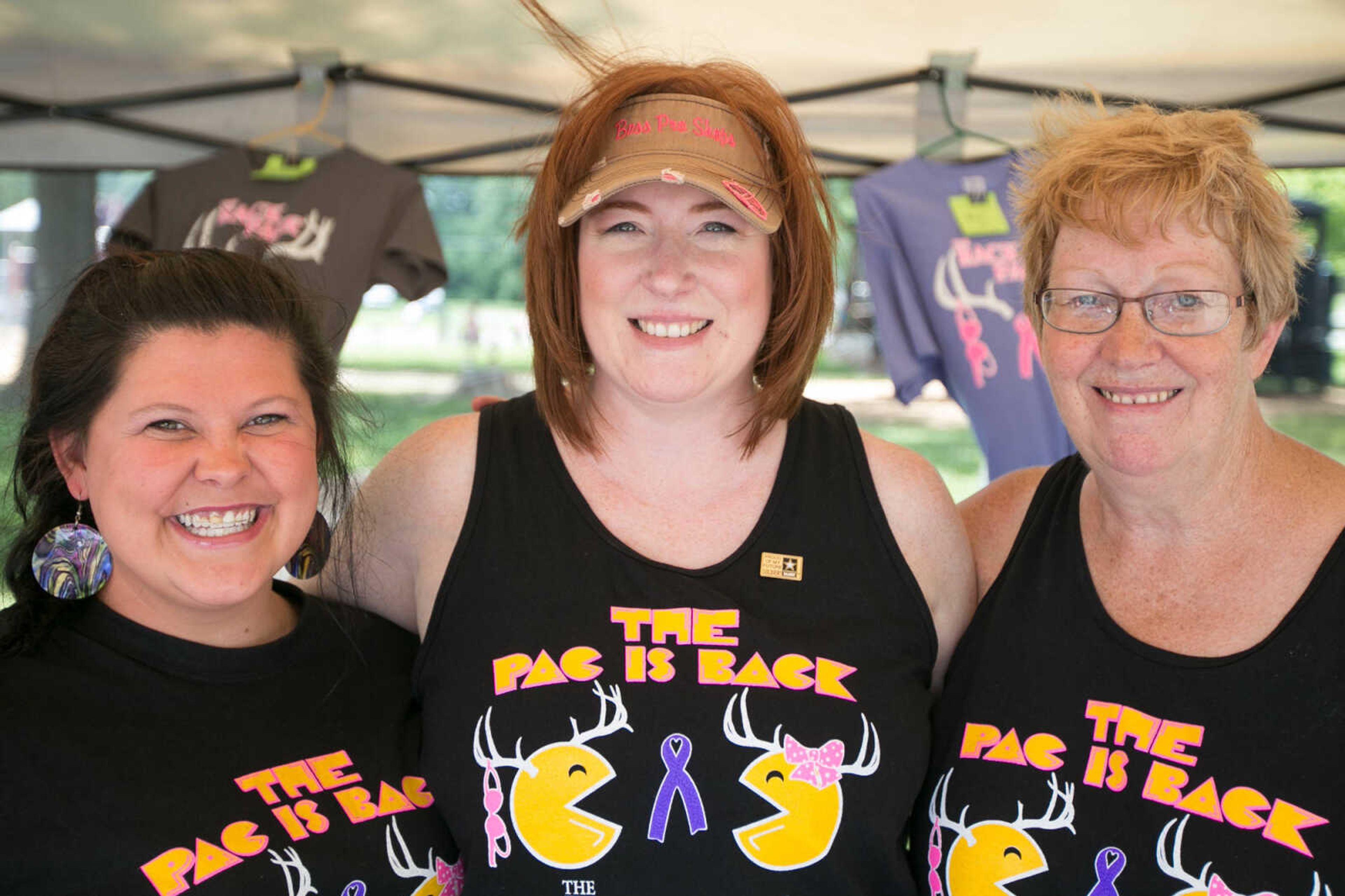 GLENN LANDBERG ~ glandberg@semissourian.com

Lacey Brooks, left, Gennifer Mayes and Becky Campbell pose for a photo during the Relay for Life of Cape Girardeau County fundraiser at Arena Park, Saturday, June 13, 2015.