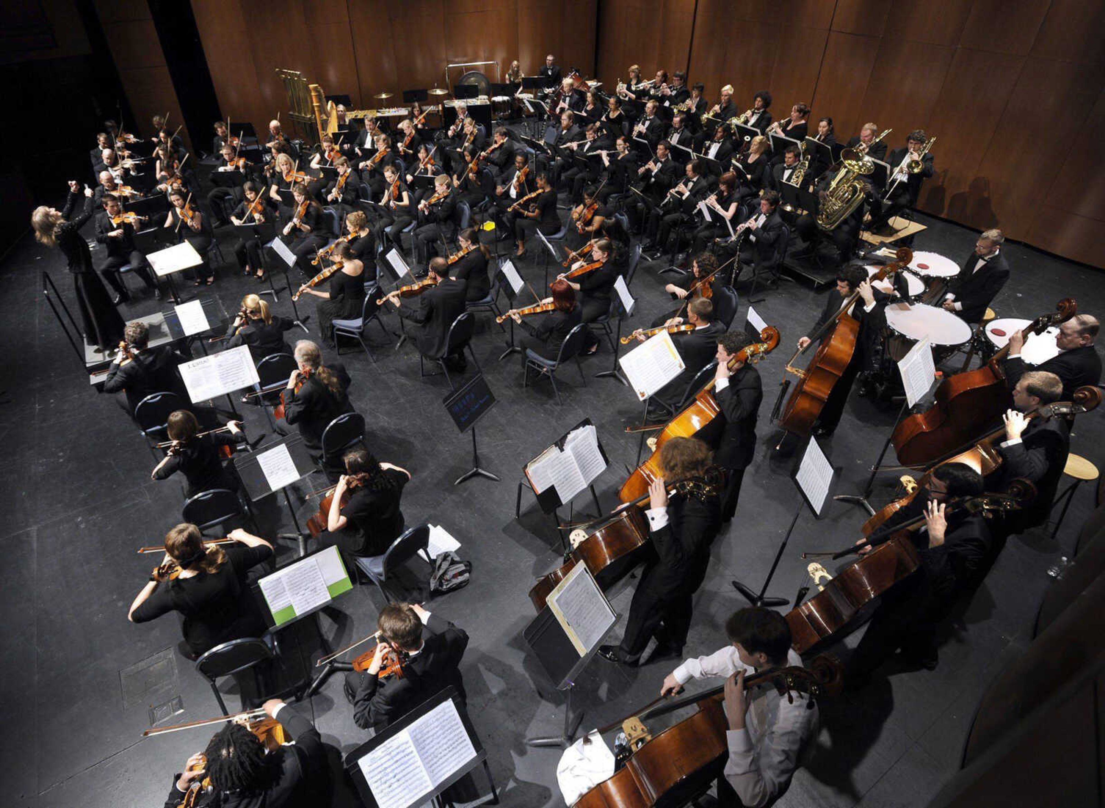 Dr. Sara Edgerton conducts the Southeast Missouri Symphony Orchestra and the Southern Illinois Symphony in "Prelude to Die Meistersinger," an overture by German composer Richard Wagner, to open the Symphonic Spectacular in Bedell Performance Hall on April 29, 2013 at the River Campus. 