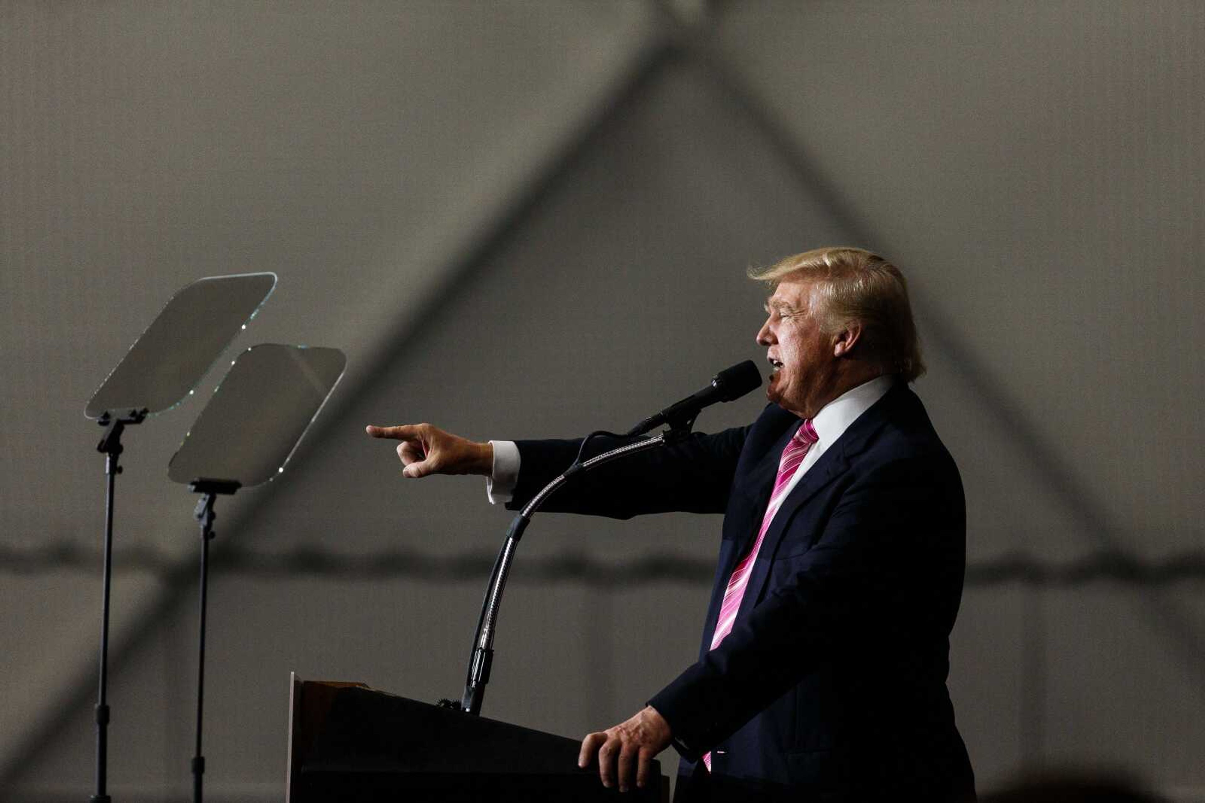 Republican presidential candidate  Donald Trump finishes his speech Saturday at Spooky Nook Sports Complex in Manheim, Pennsylvania.