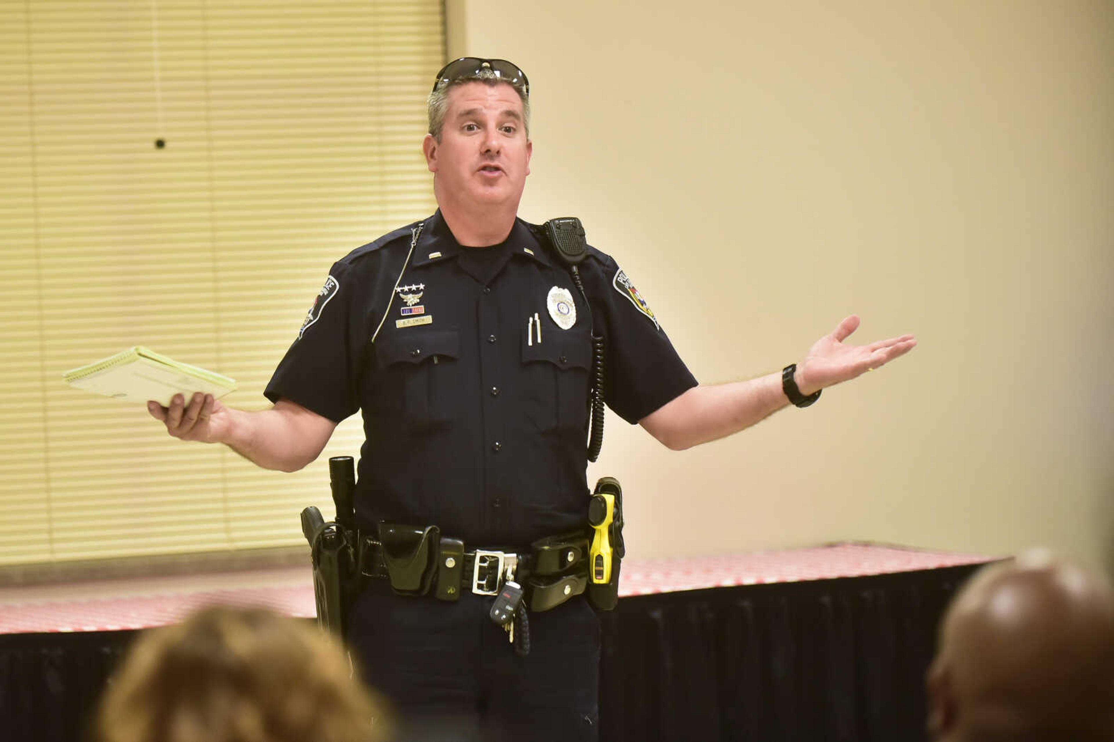 Lt. Brad Smith of the Cape Girardeau Police Department talks about the police station headquarters moving during a community workshop meeting held by the Authentic Voices group of south Cape Thursday, Oct. 26, 2017 at the Shawnee Park Center in Cape Girardeau.