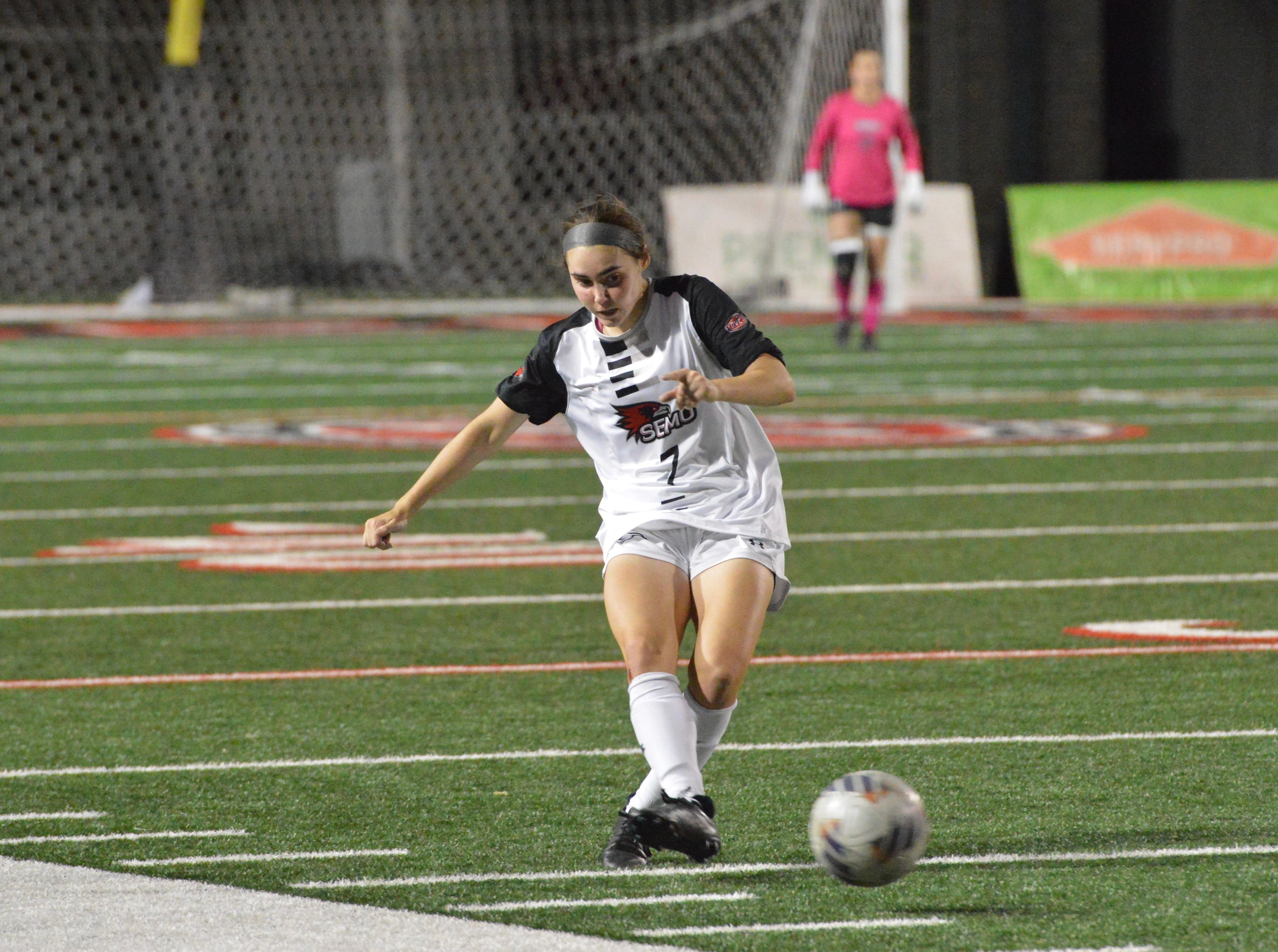 SEMO freshman Alli Saviano sends the ball downfield against SIUE on Thursday, Oct. 17.