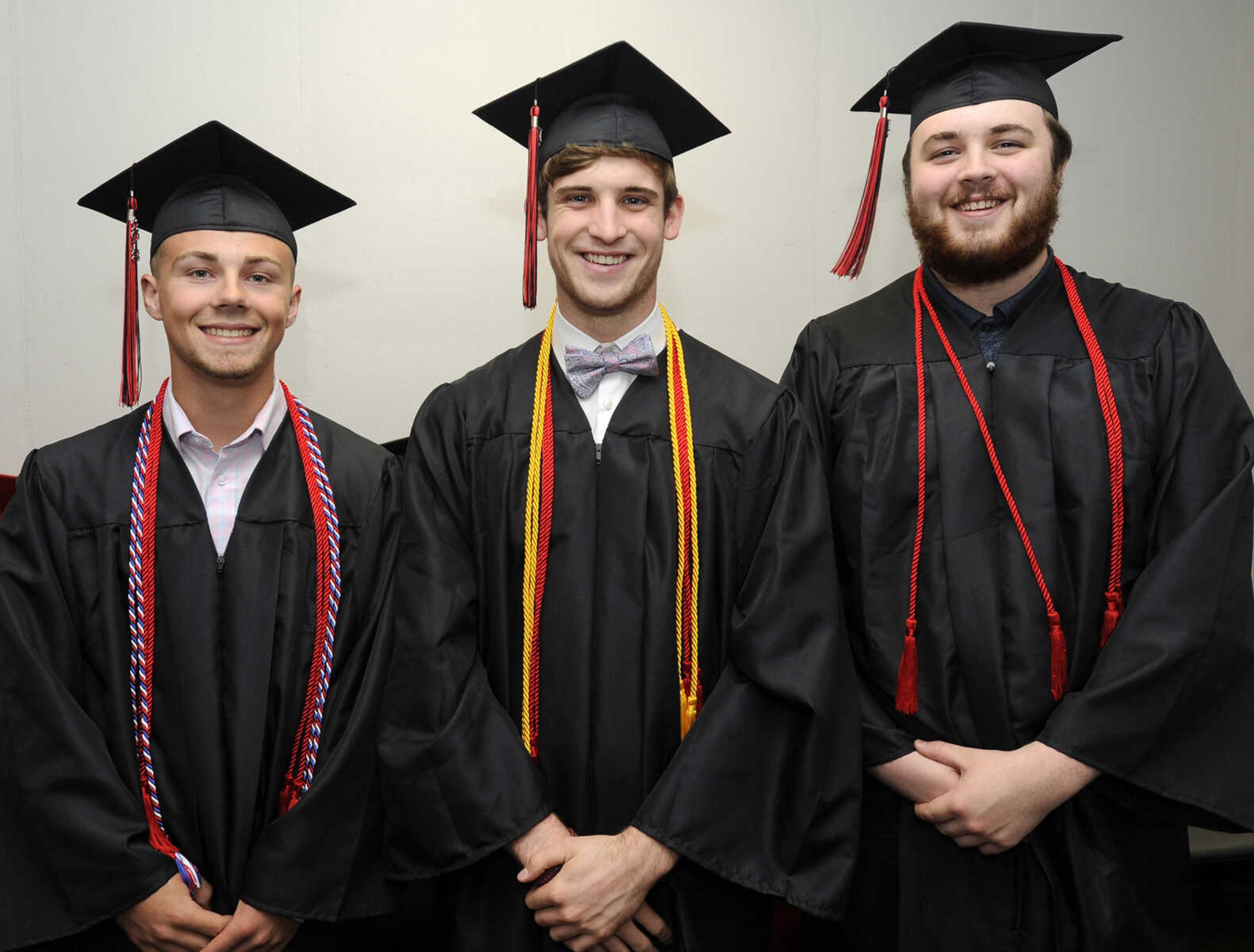 FRED LYNCH ~ flynch@semissourian.com
J.T. Meinke, left, Andrew Moran and Benjamin Krewson pose for a photo before the Jackson High School commencement Friday, May 18, 2018 at the Show Me Center.