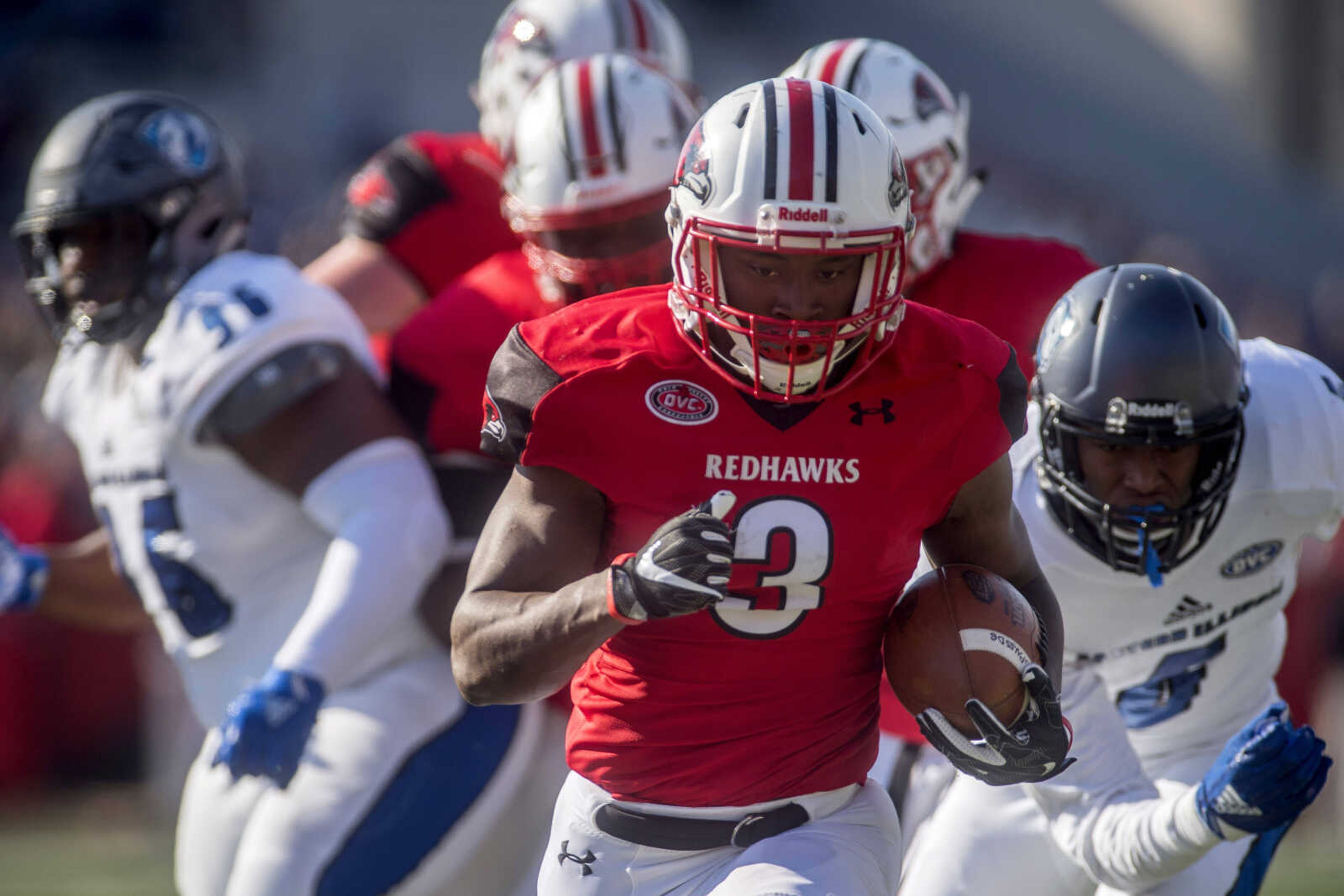 Running back Marquis Terry charges into the end zone for a touchdown during the Redhawks' final home game of the season Saturday.