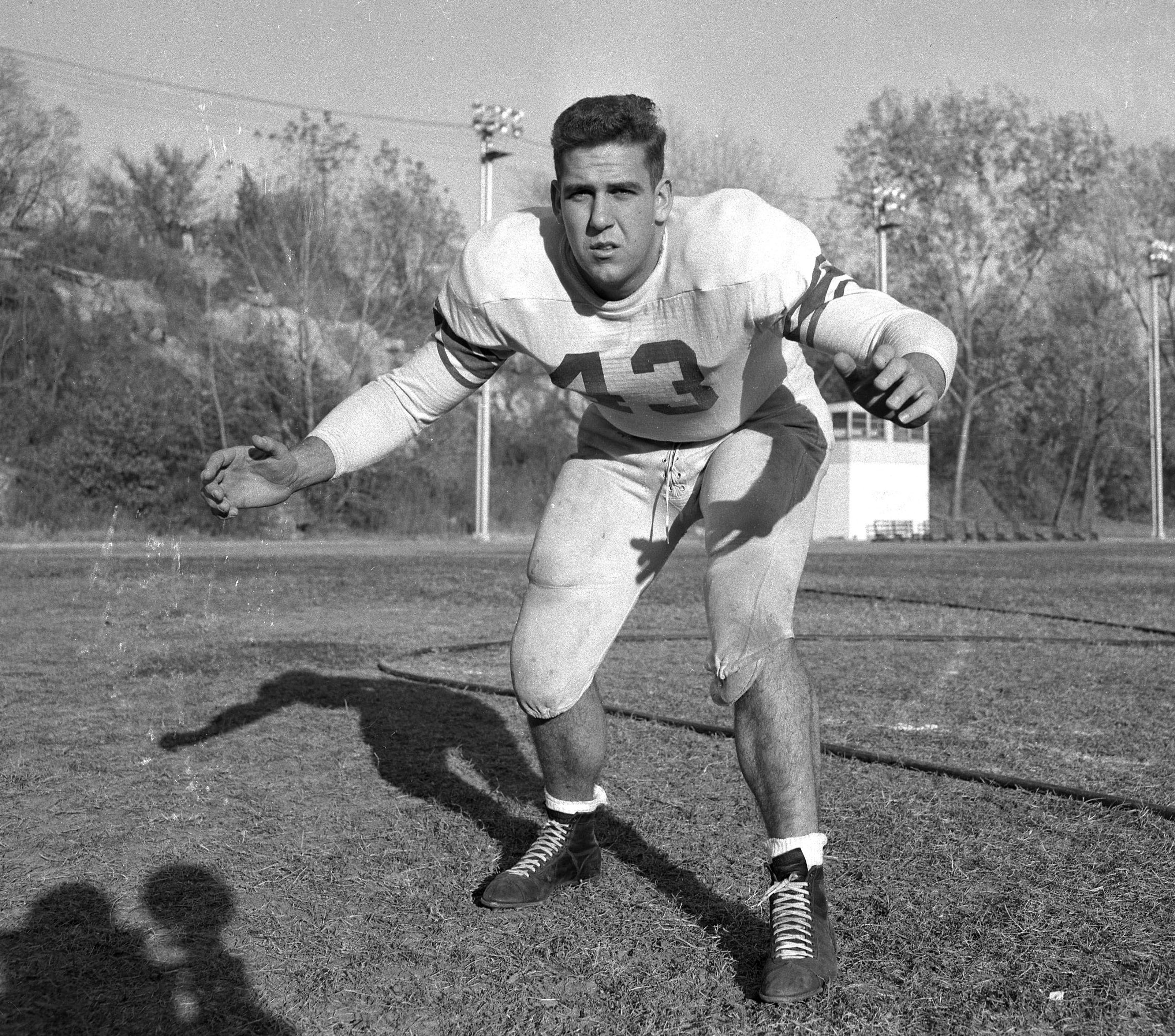 As the Cape Girardeau State College Indians anticipated a big 1956 football season, they looked to the leadership of second-year man Paul Edwards. The largest man on the team at 257 pounds and standing 6 feet, 5 inches, Edwards came to the college from Marquand High School, which didn’t have a football team. He was lured to Cape State by the Indians’ great tackle Kenny Dement, who showed him the finer points of the sport. This photograph was published in the Southeast Missourian on Thursday Nov. 10, 1955.
