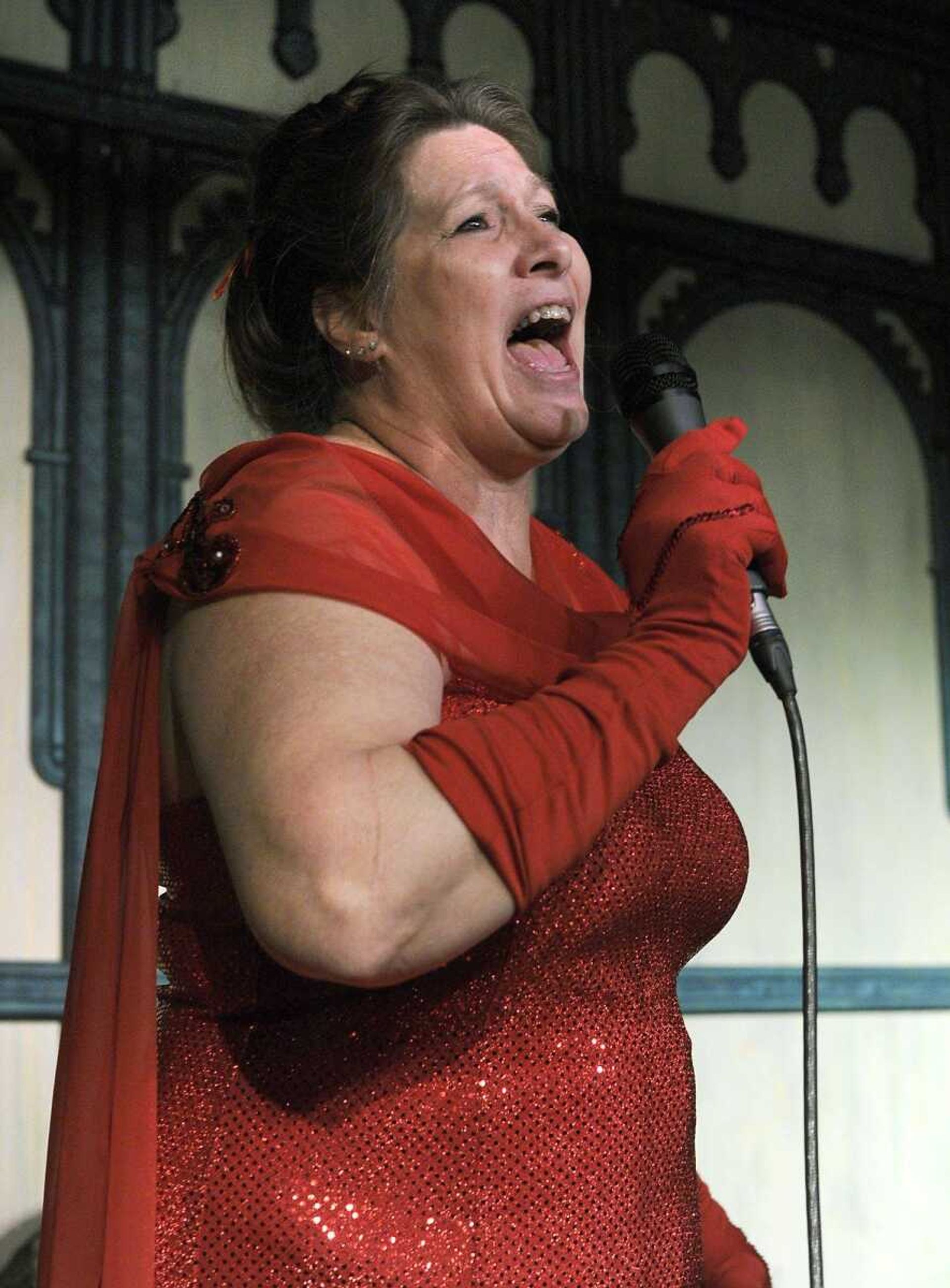 Kathy Waggoner sings "Queen of the House" during a rehearsal Monday of The River City Players' "Follies!" in the Yacht Club of Port Cape Girardeau. (Fred Lynch)