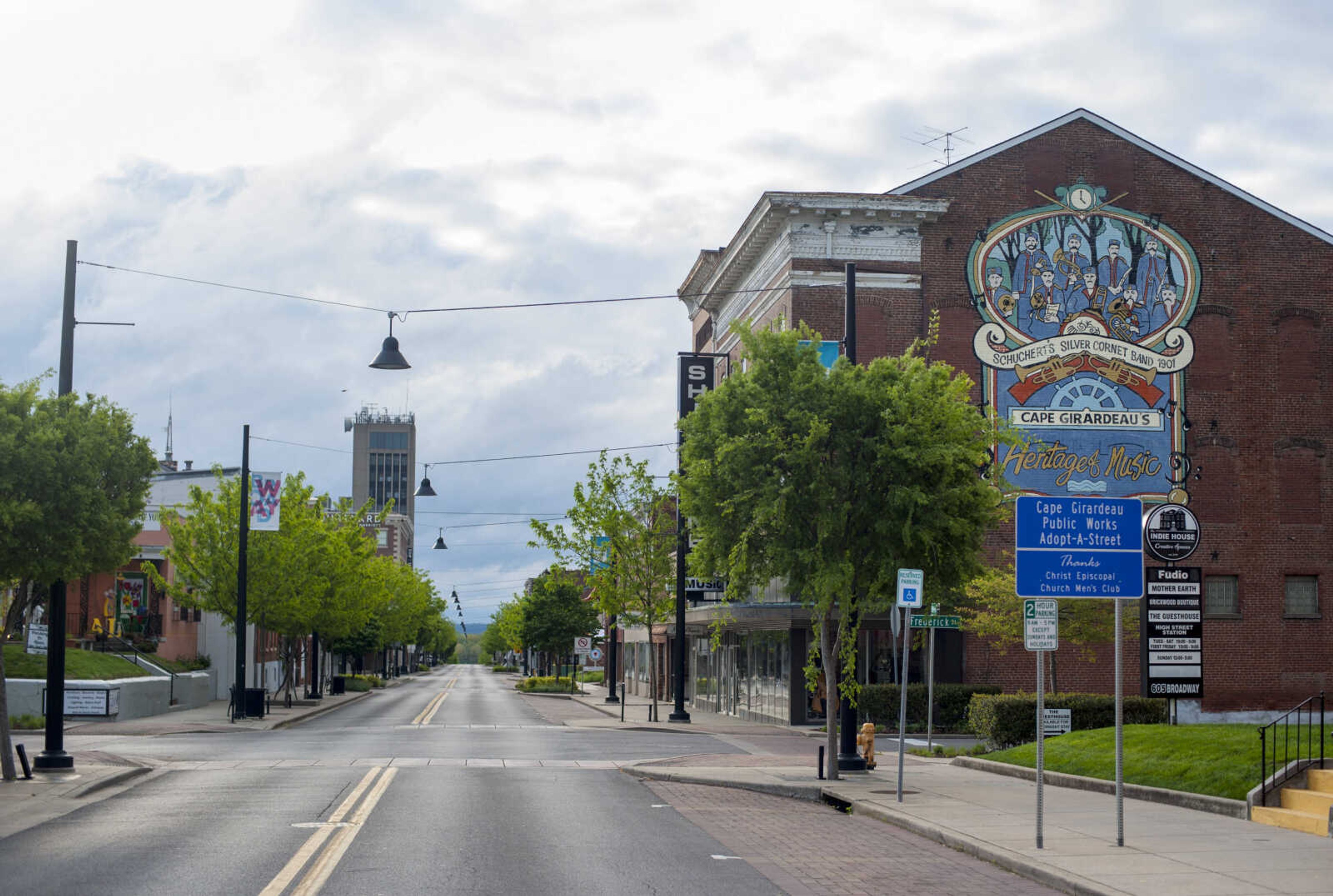 Broadway is seen devoid of traffic Sunday, April 26, 2020, in Cape Girardeau.